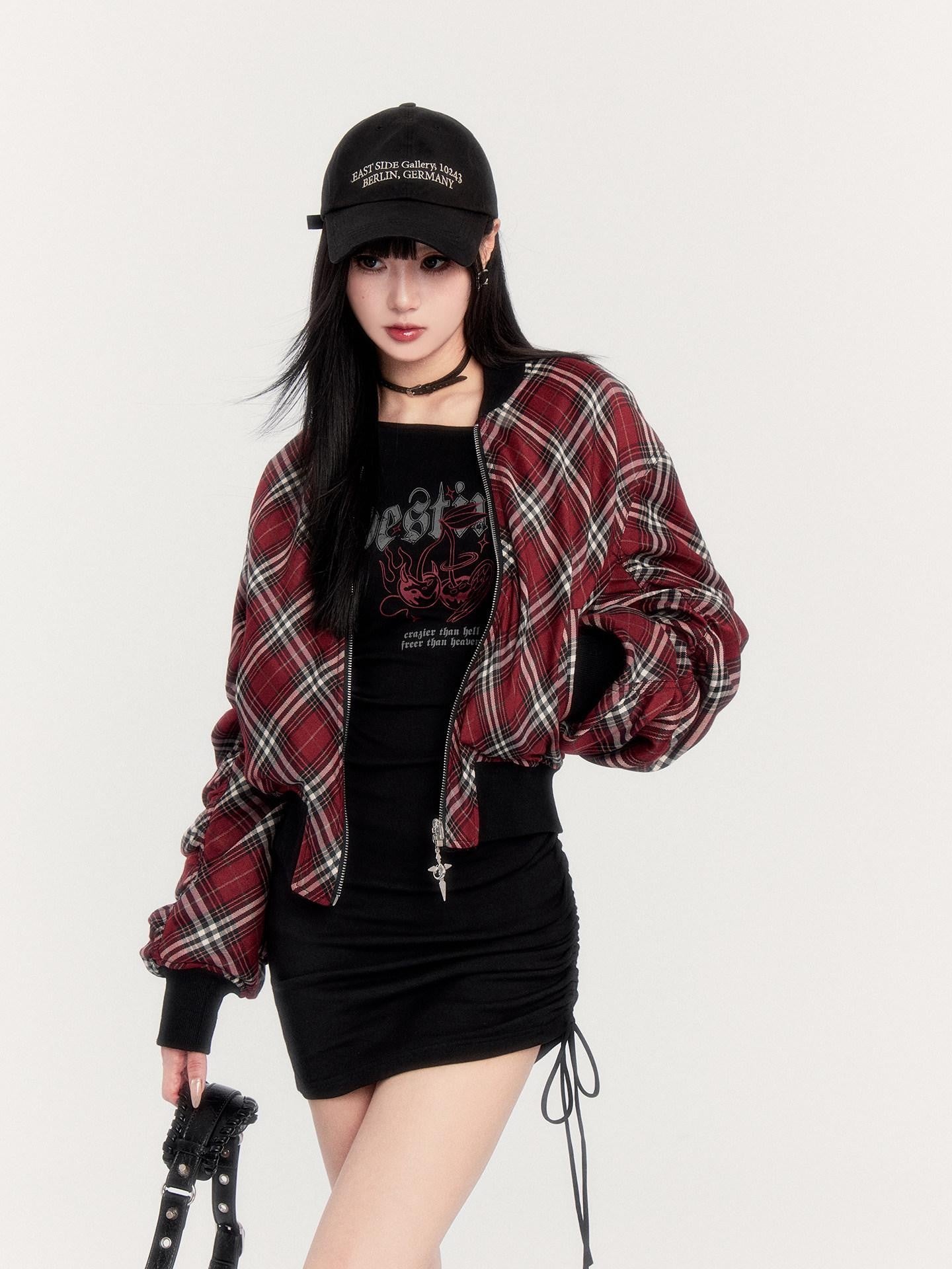 VOCK Plaid Reversible Ribbed Hem Zip Women's Plush Polyester Cropped Jackets