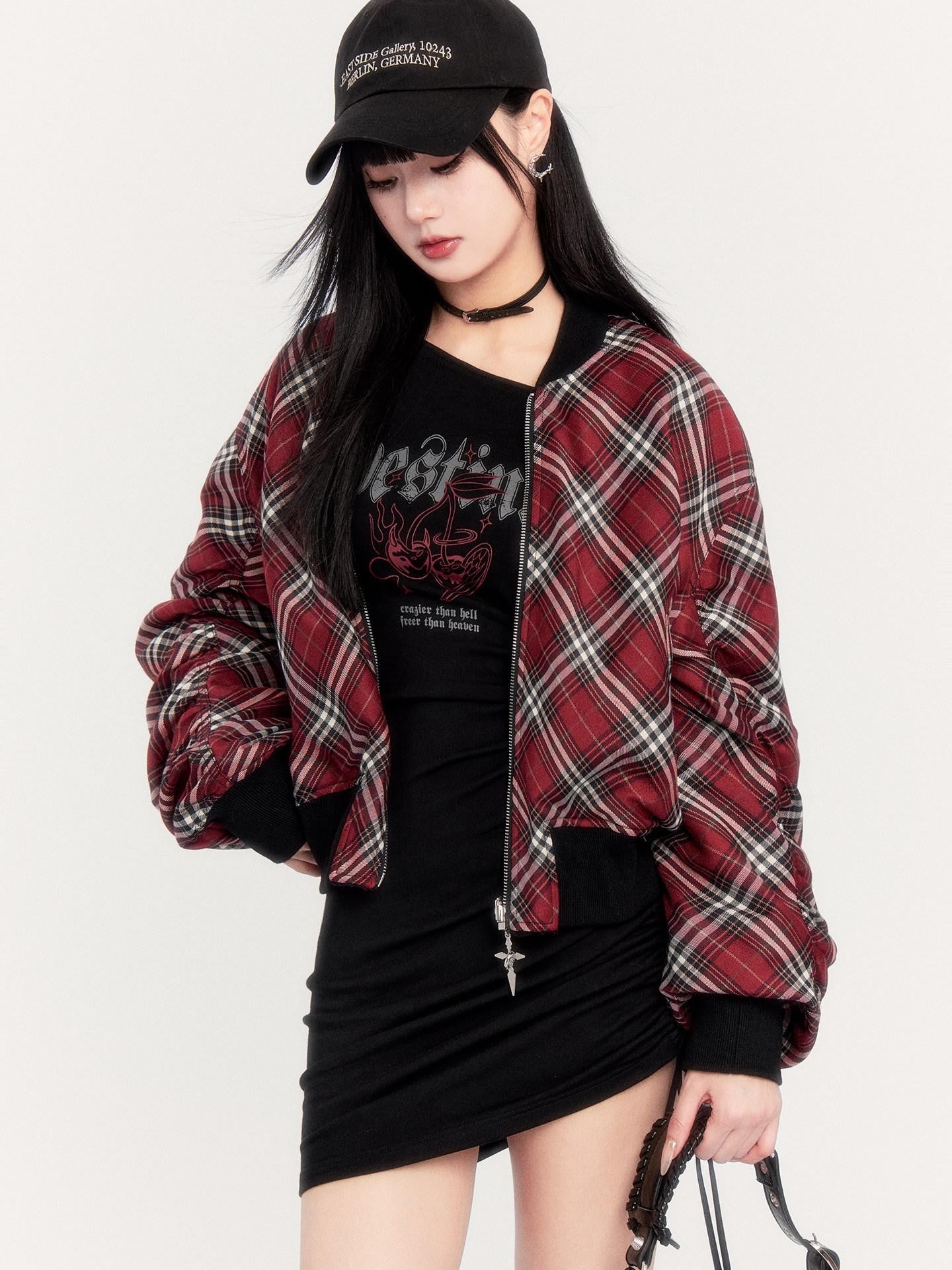 VOCK Plaid Reversible Ribbed Hem Zip Women's Plush Polyester Cropped Jackets