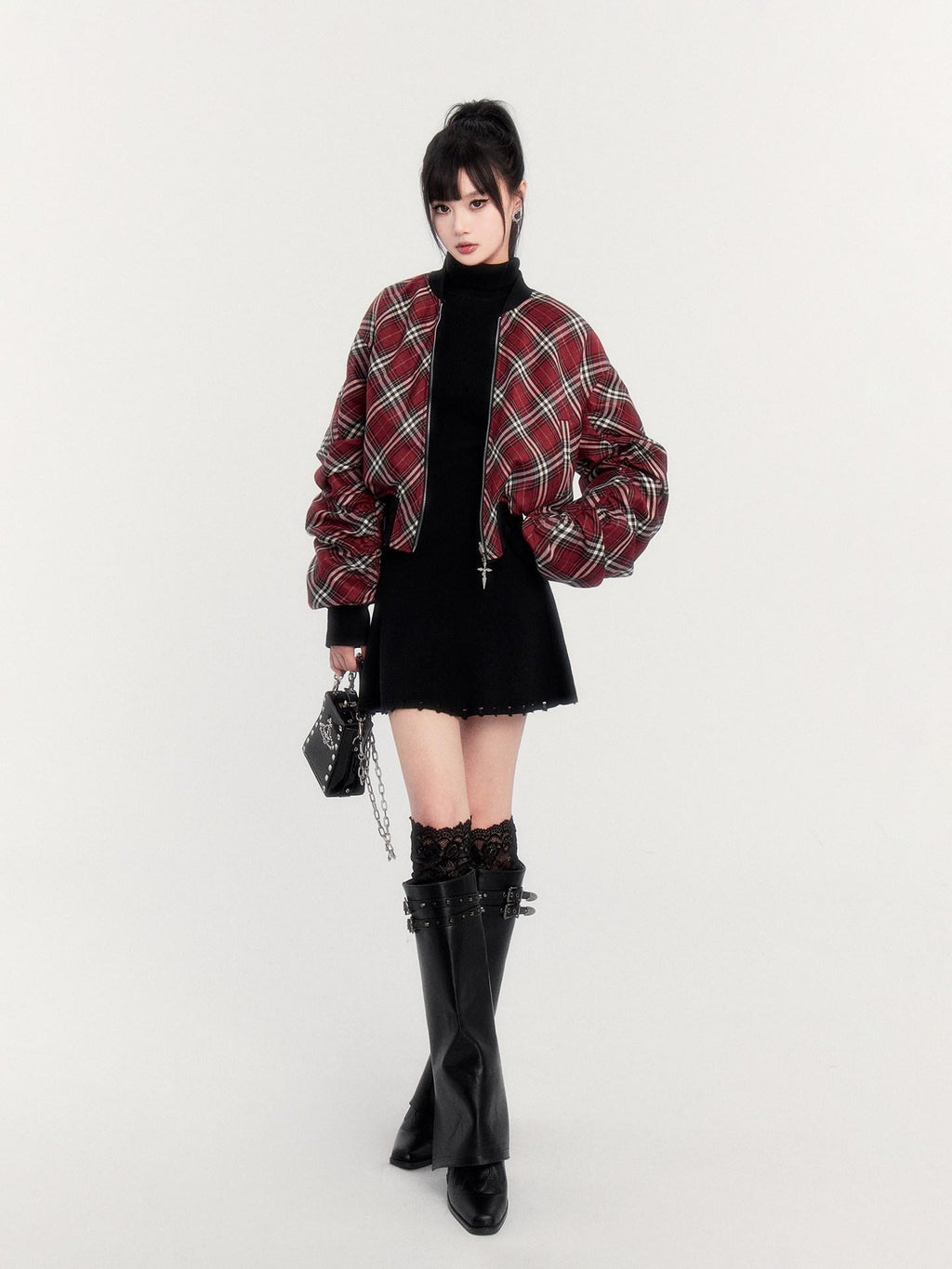 VOCK Plaid Reversible Ribbed Hem Zip Women's Plush Polyester Cropped Jackets