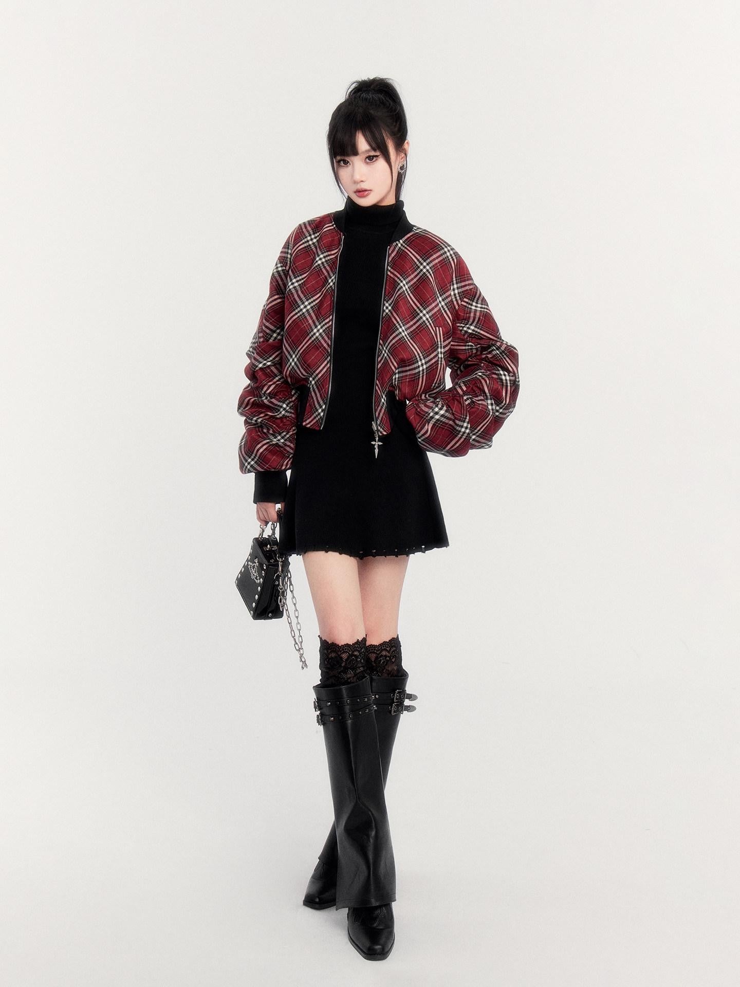 VOCK Plaid Reversible Ribbed Hem Zip Women's Plush Polyester Cropped Jackets