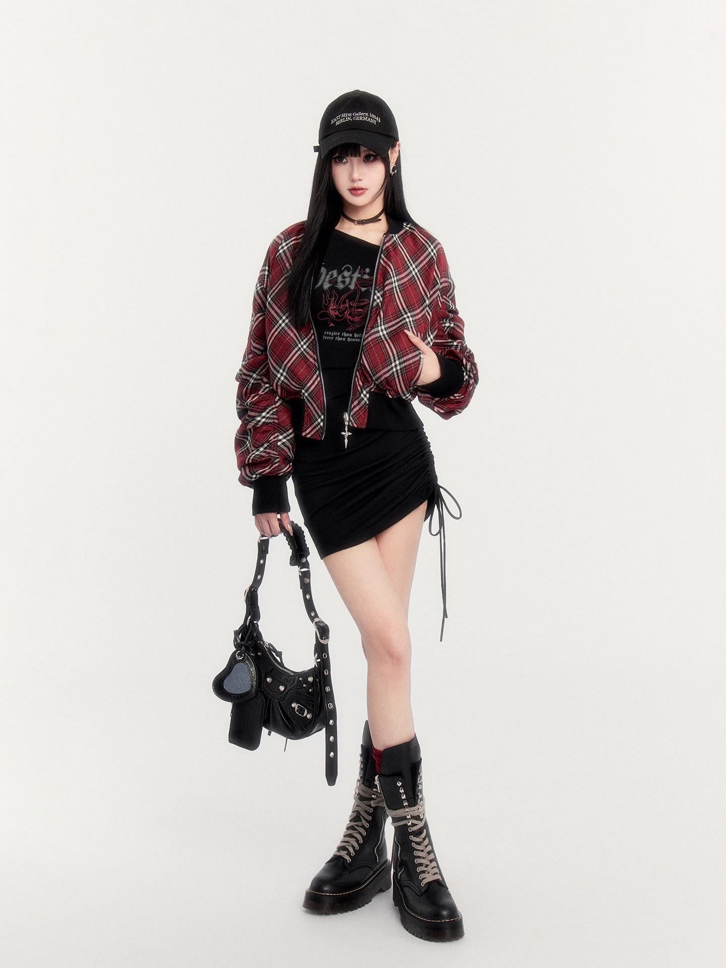 VOCK Plaid Reversible Ribbed Hem Zip Women's Plush Polyester Cropped Jackets