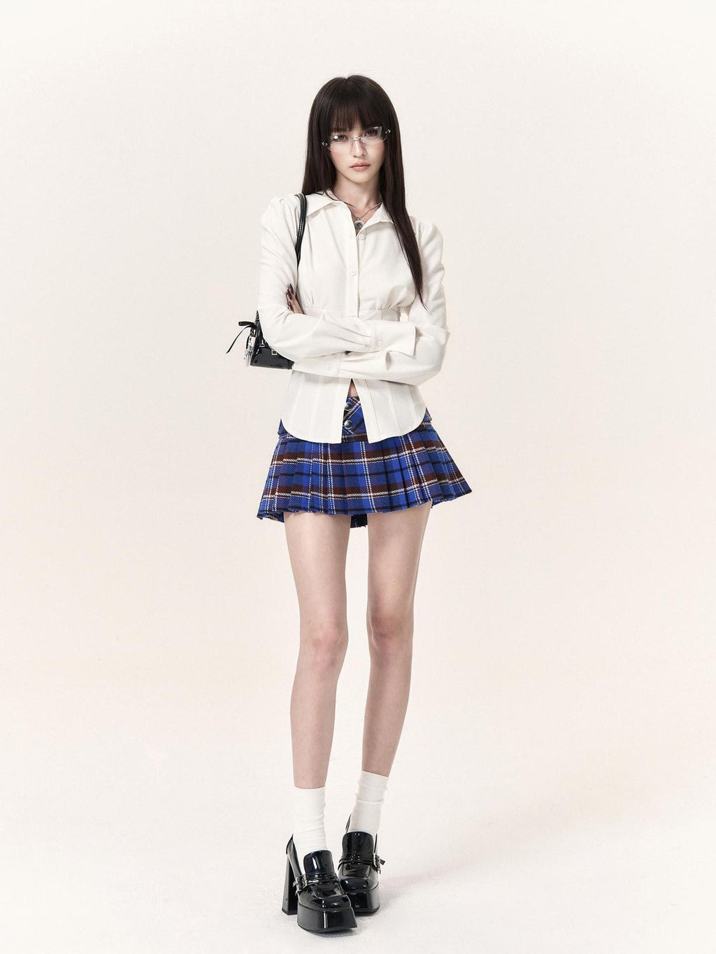VOCK Pleated Check Low Waist Studded Women's Cotton Mini Skirts