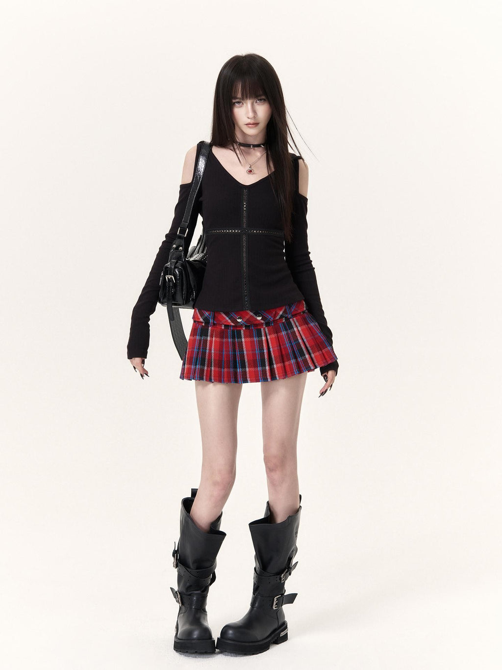 VOCK Pleated Check Low Waist Studded Women's Cotton Mini Skirts