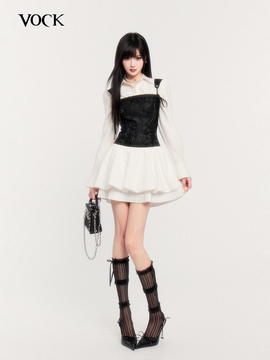 VOCK Pleated Puff Jacquard Princess Tie Waist Women's Polyester Casual Mini Dresses