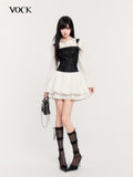 VOCK Pleated Puff Jacquard Princess Tie Waist Women's Polyester Casual Mini Dresses
