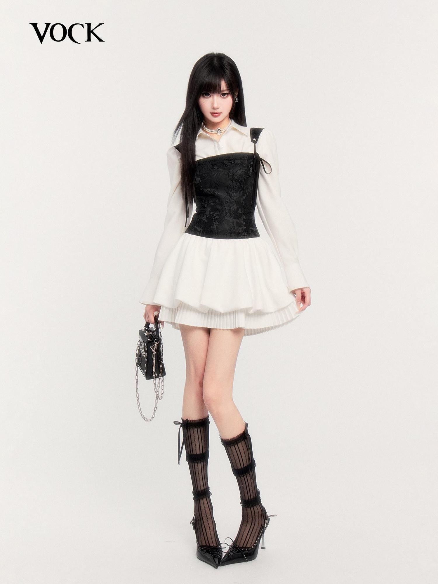 VOCK Pleated Puff Jacquard Princess Tie Waist Women's Polyester Casual Mini Dresses