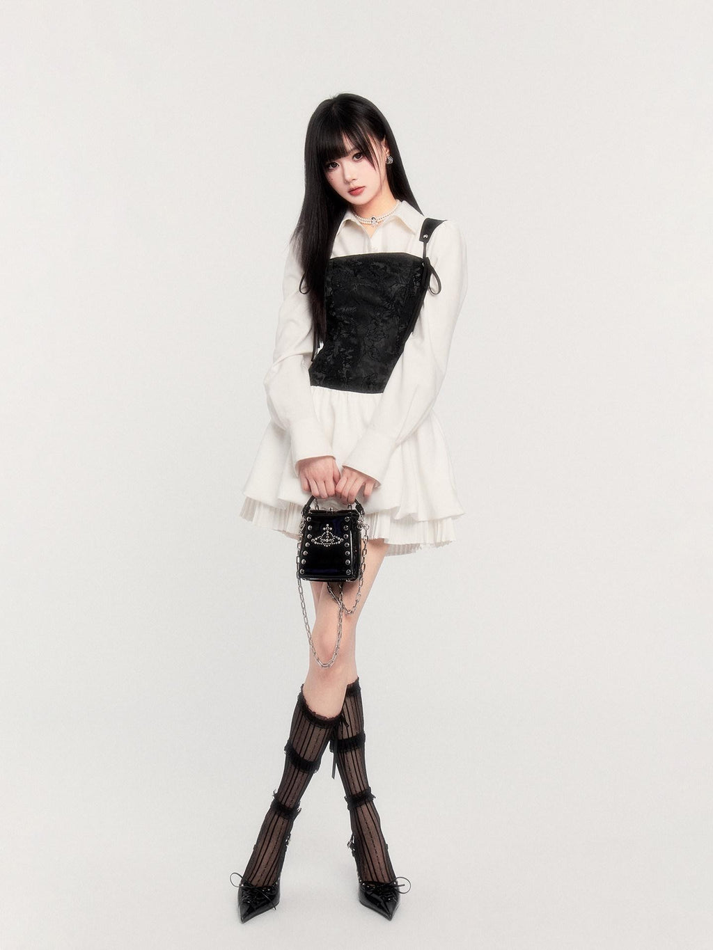 VOCK Pleated Puff Jacquard Princess Tie Waist Women's Polyester Casual Mini Dresses