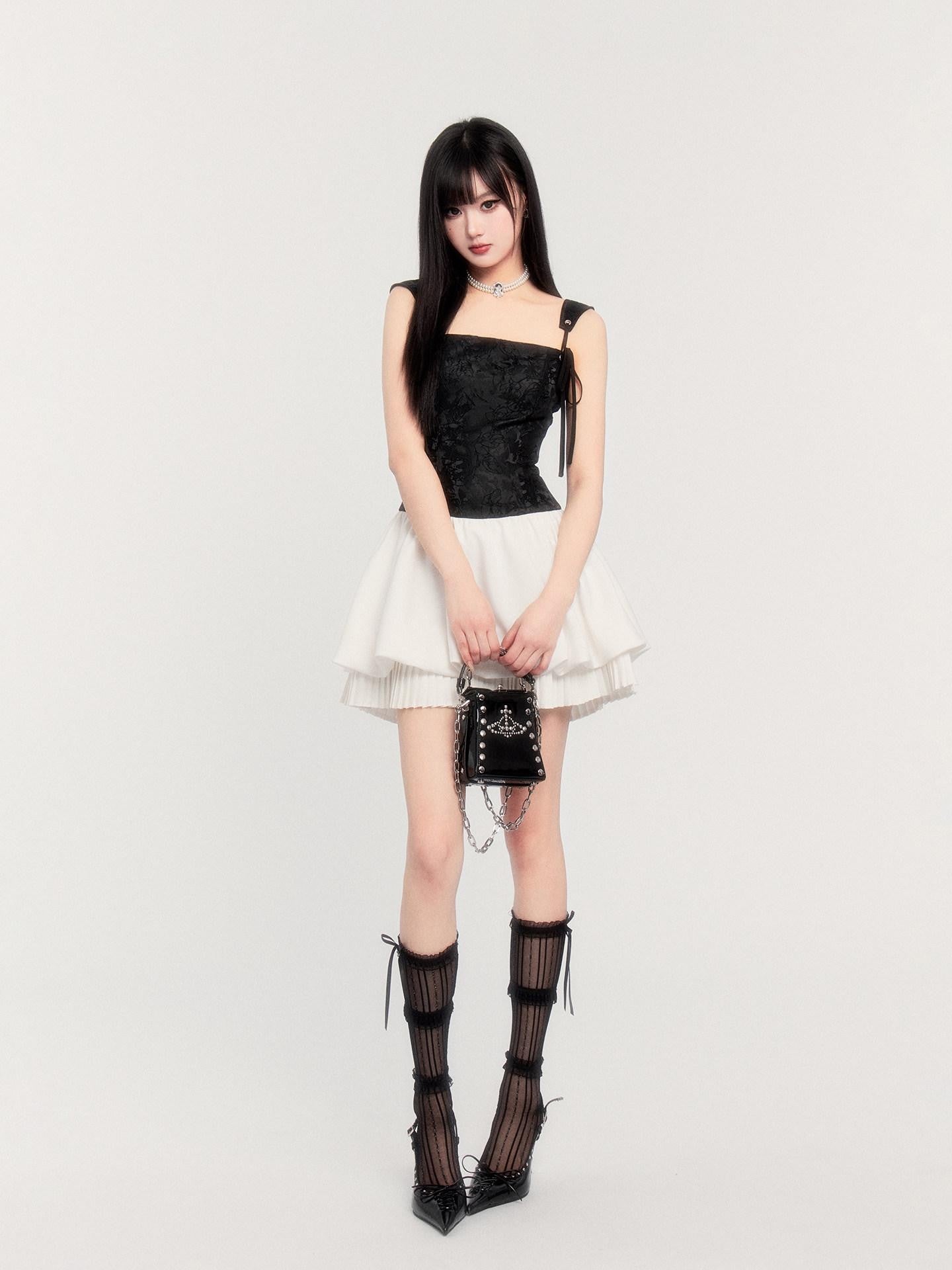 VOCK Pleated Puff Jacquard Princess Tie Waist Women's Polyester Casual Mini Dresses