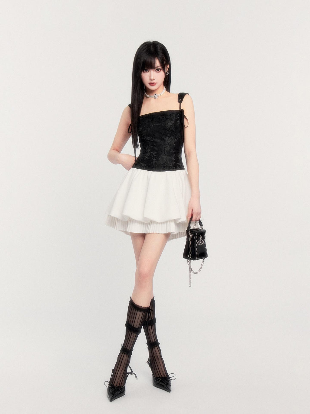 VOCK Pleated Puff Jacquard Princess Tie Waist Women's Polyester Casual Mini Dresses