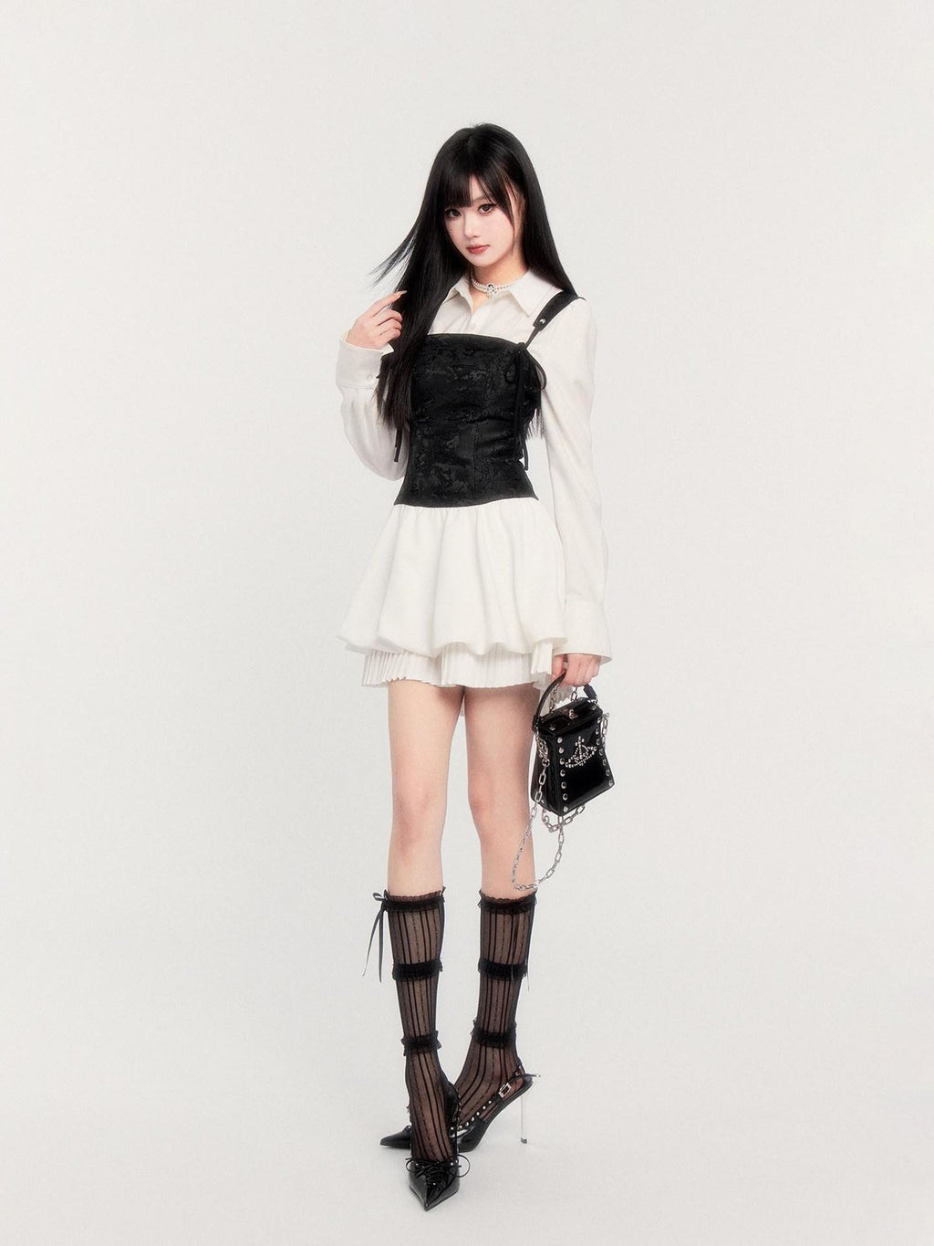VOCK Pleated Puff Jacquard Princess Tie Waist Women's Polyester Casual Mini Dresses