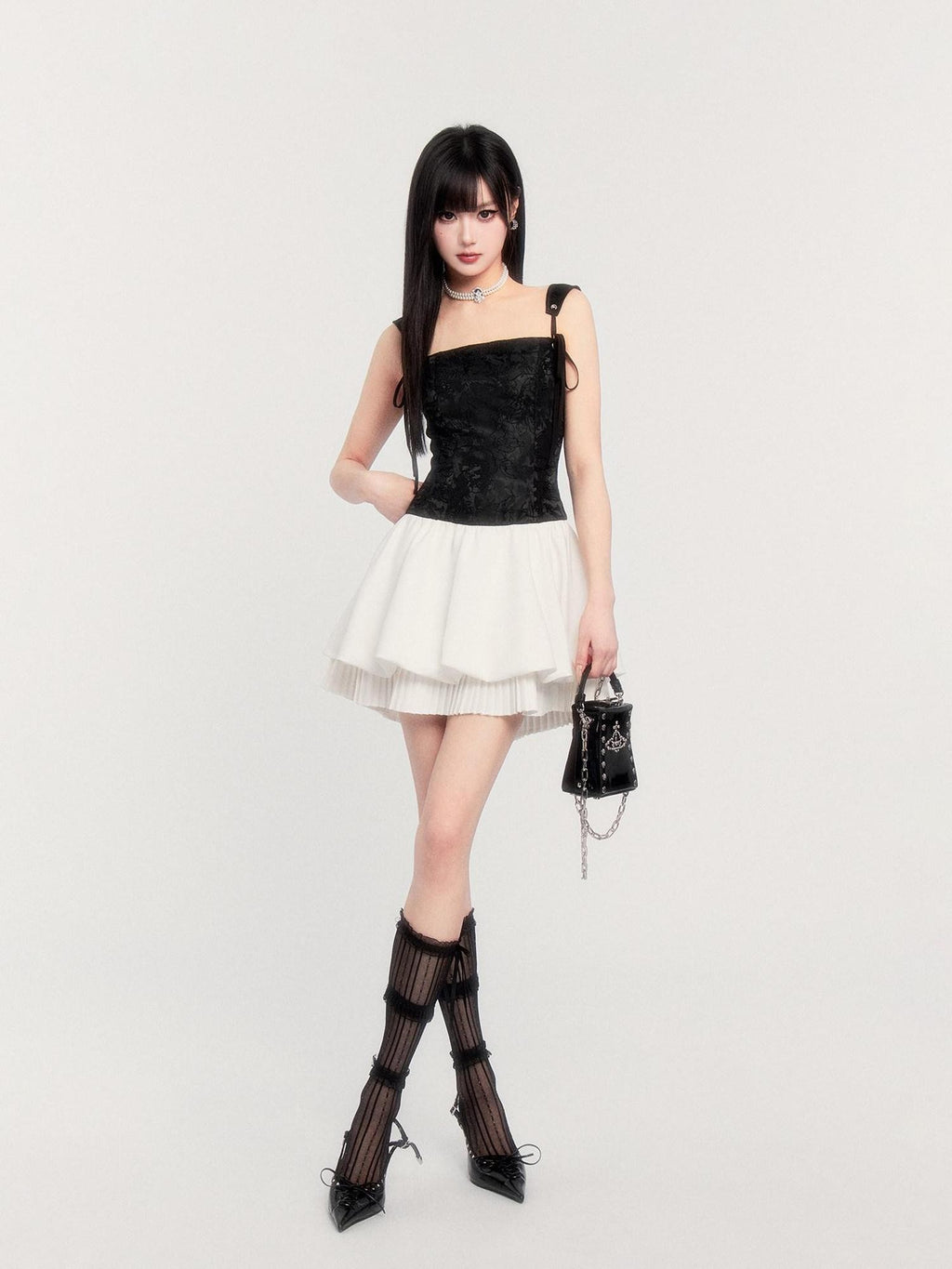 VOCK Pleated Puff Jacquard Princess Tie Waist Women's Polyester Casual Mini Dresses