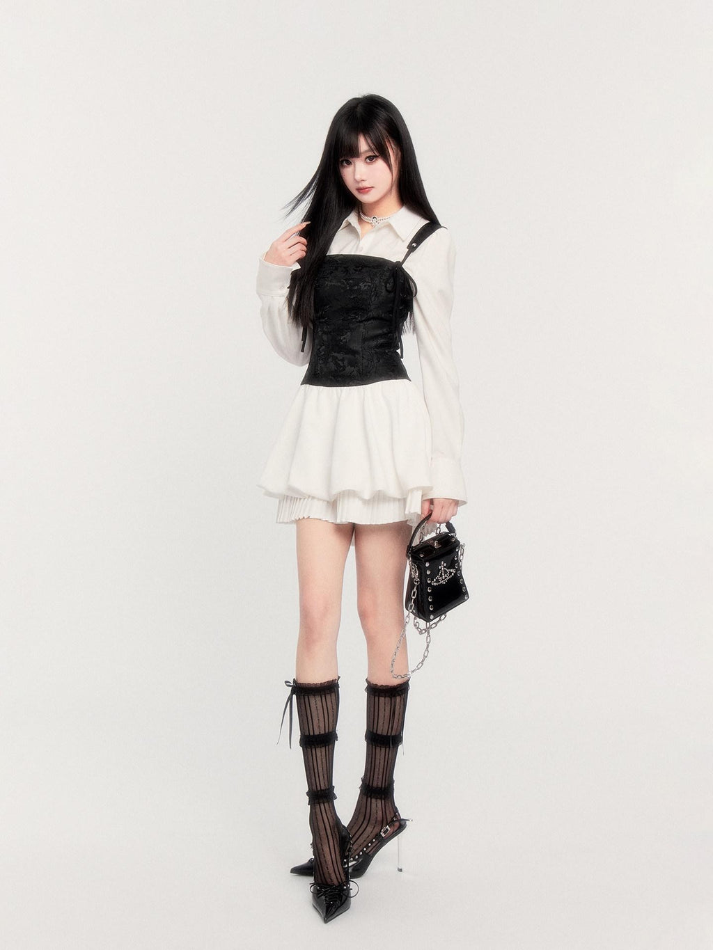 VOCK Pleated Puff Jacquard Princess Tie Waist Women's Polyester Casual Mini Dresses