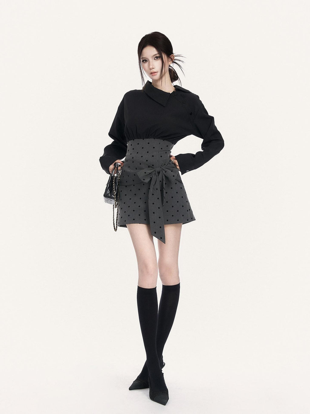 VOCK Polka Dot Bow Shirt Collar Slim Women's Polyester Off-shoulder Mini Dresses
