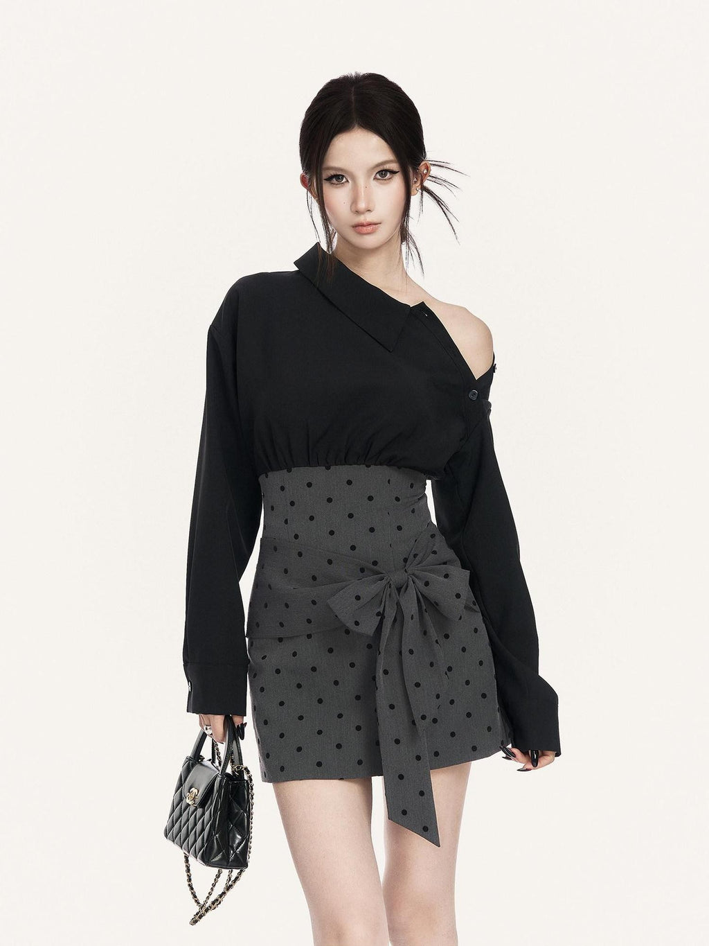 VOCK Polka Dot Bow Shirt Collar Slim Women's Polyester Off-shoulder Mini Dresses