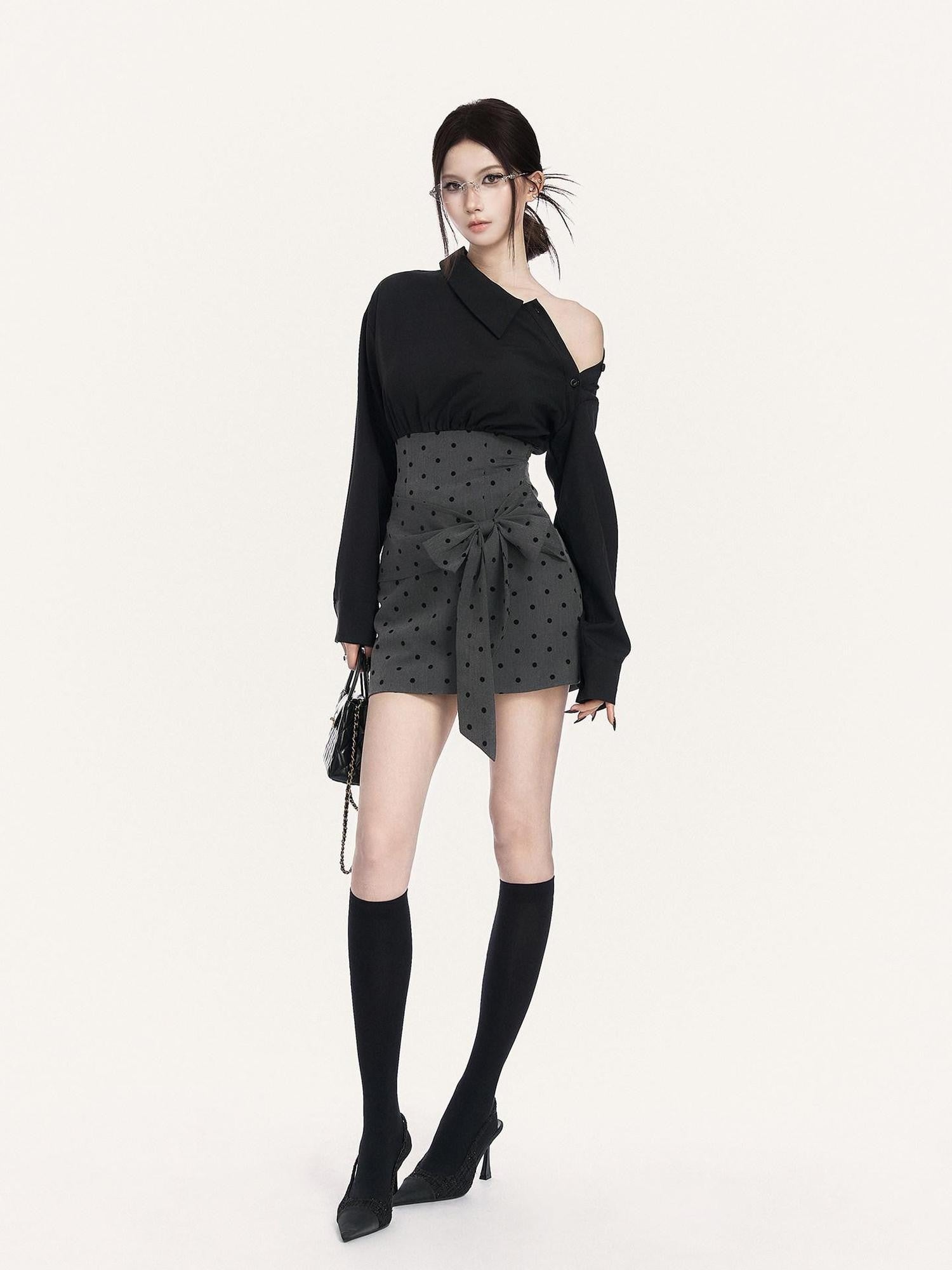 VOCK Polka Dot Bow Shirt Collar Slim Women's Polyester Off-shoulder Mini Dresses