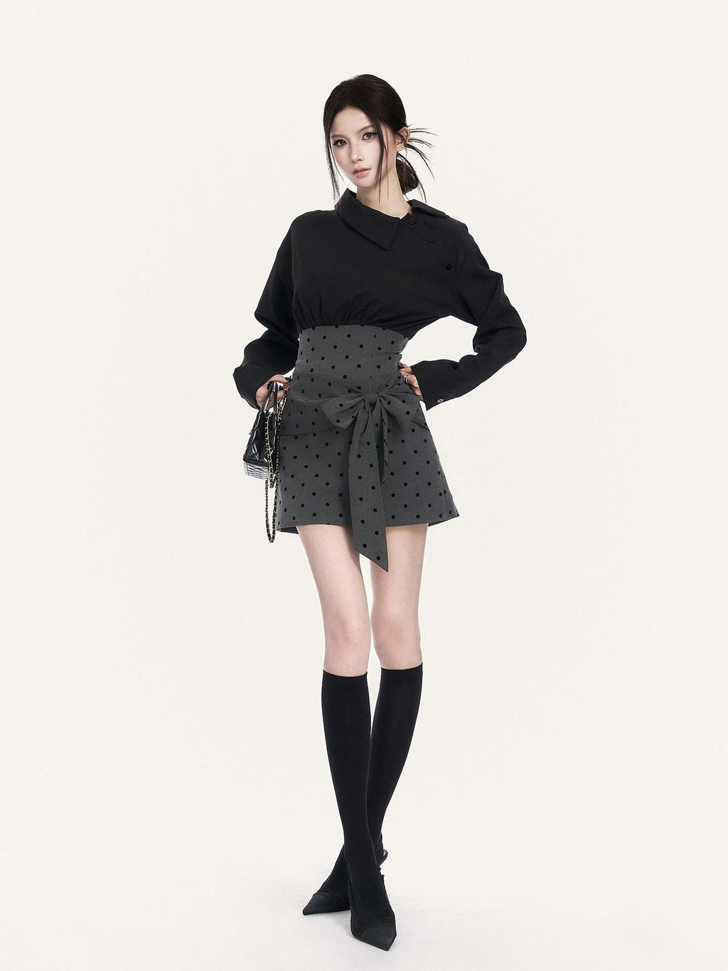 VOCK Polka Dot Bow Shirt Collar Slim Women's Polyester Off-shoulder Mini Dresses