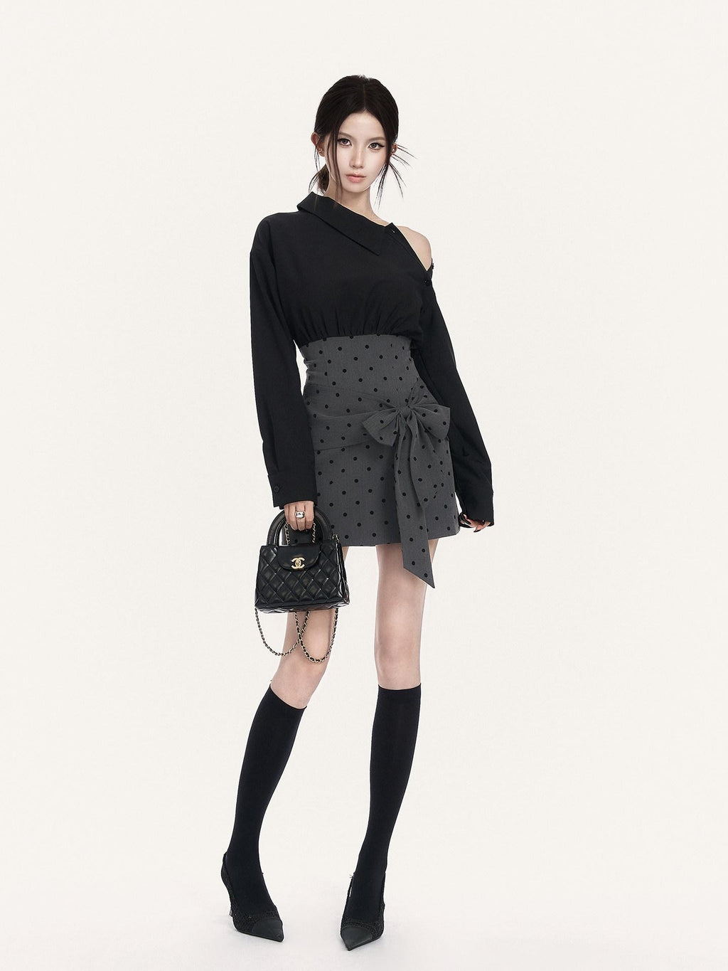 VOCK Polka Dot Bow Shirt Collar Slim Women's Polyester Off-shoulder Mini Dresses