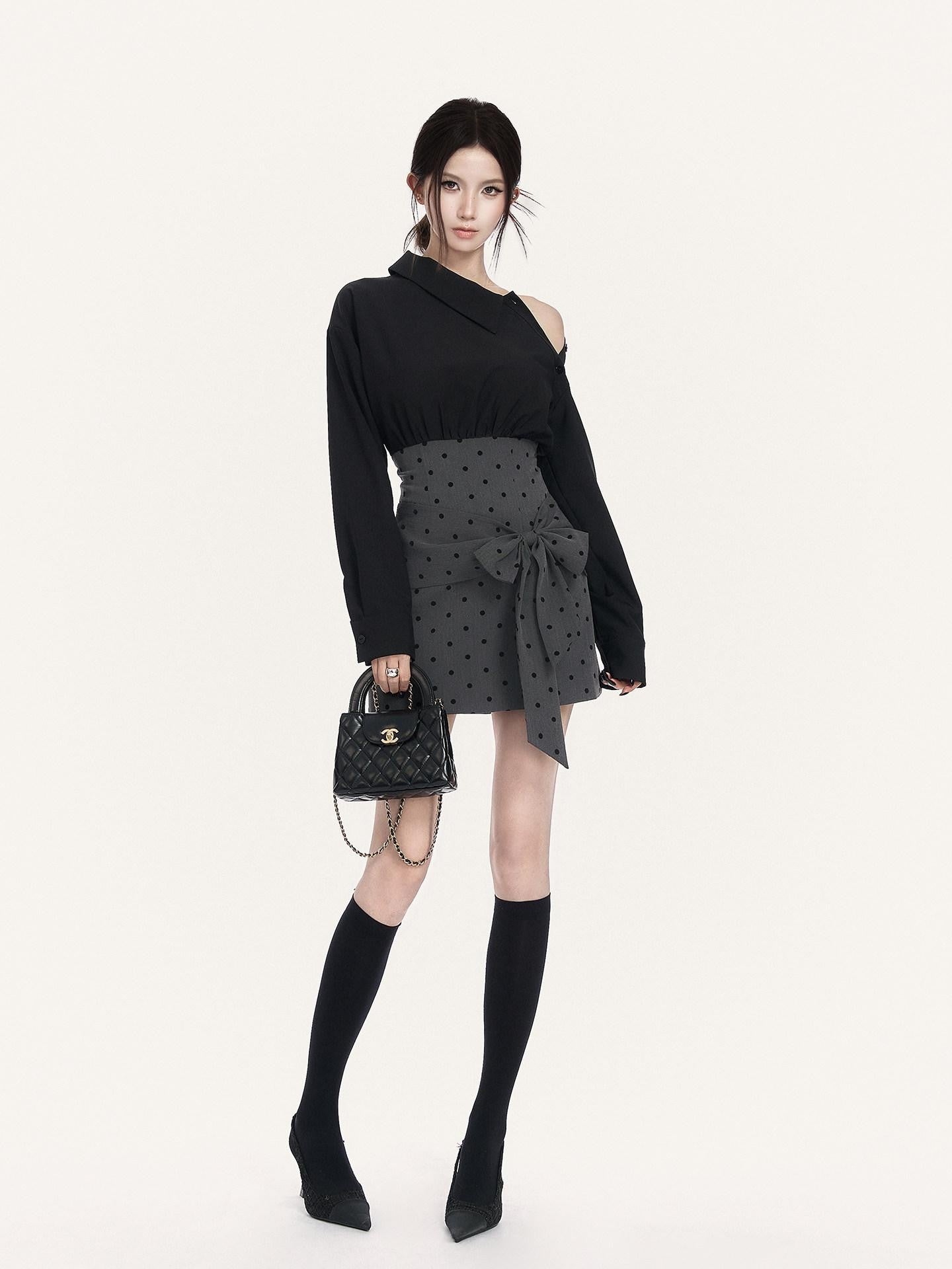 VOCK Polka Dot Bow Shirt Collar Slim Women's Polyester Off-shoulder Mini Dresses