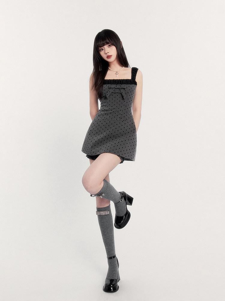 VOCK Polka Dot Cami Waist Cinch Two Piece Women's Flocked Slip Mini Dresses