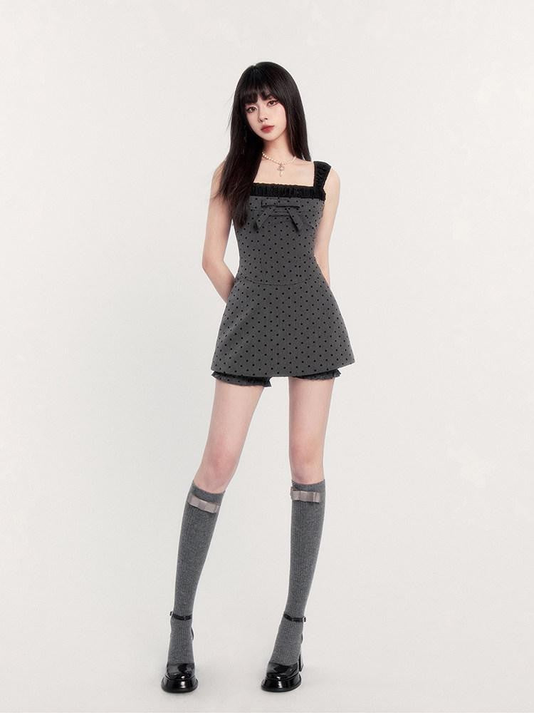 VOCK Polka Dot Cami Waist Cinch Two Piece Women's Flocked Slip Mini Dresses