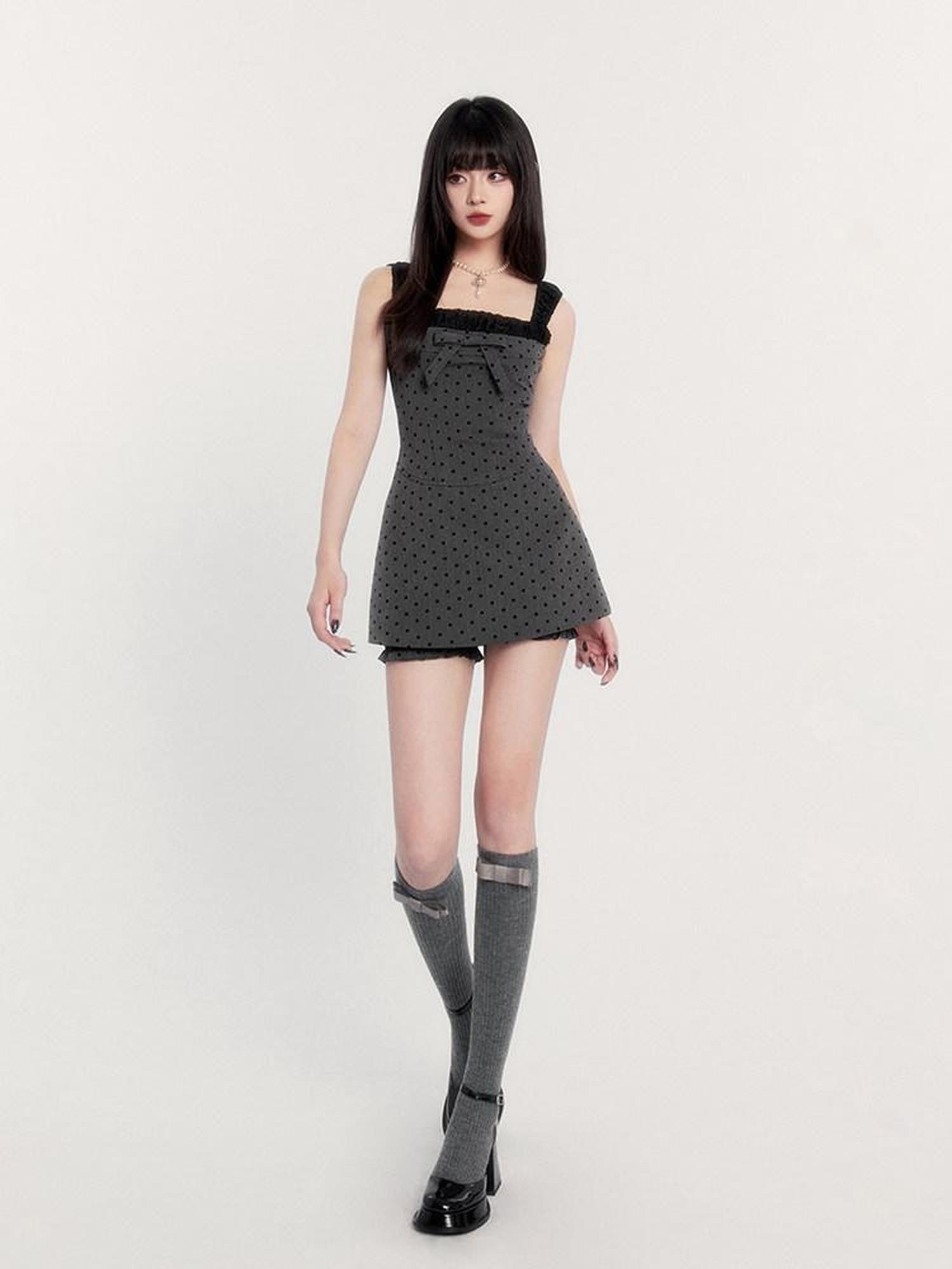 VOCK Polka Dot Cami Waist Cinch Two Piece Women's Flocked Slip Mini Dresses