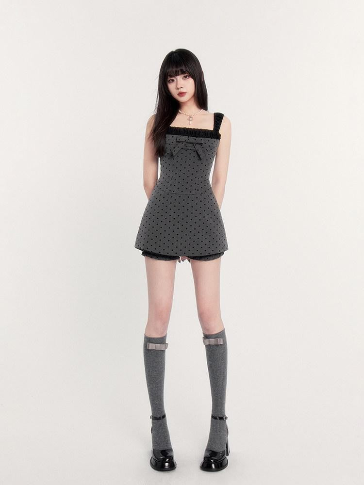 VOCK Polka Dot Cami Waist Cinch Two Piece Women's Flocked Slip Mini Dresses