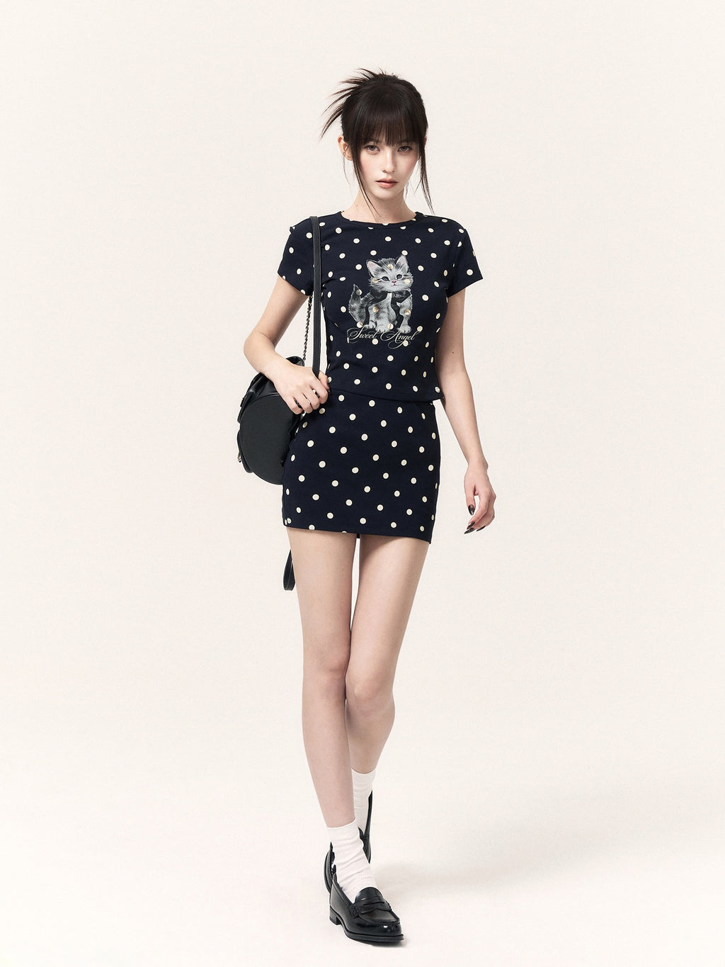 VOCK_Polka_Dot_Cat_Print_Crop_Tee_Skirt_Straight_Pants_Women's_Matching_Skirt_Sets_1063712261509_MISSTT