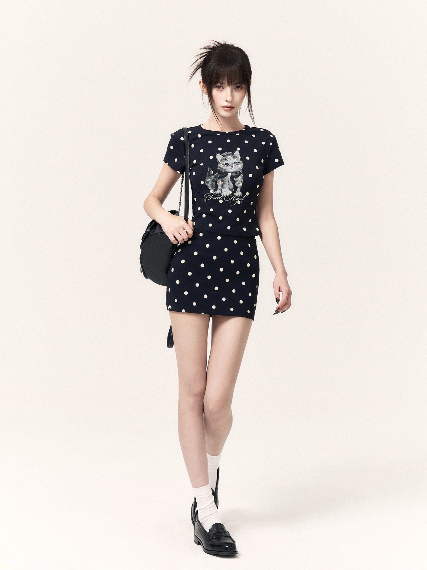 VOCK_Polka_Dot_Cat_Print_Crop_Tee_Skirt_Straight_Pants_Women's_Matching_Skirt_Sets_1063712261509_MISSTT