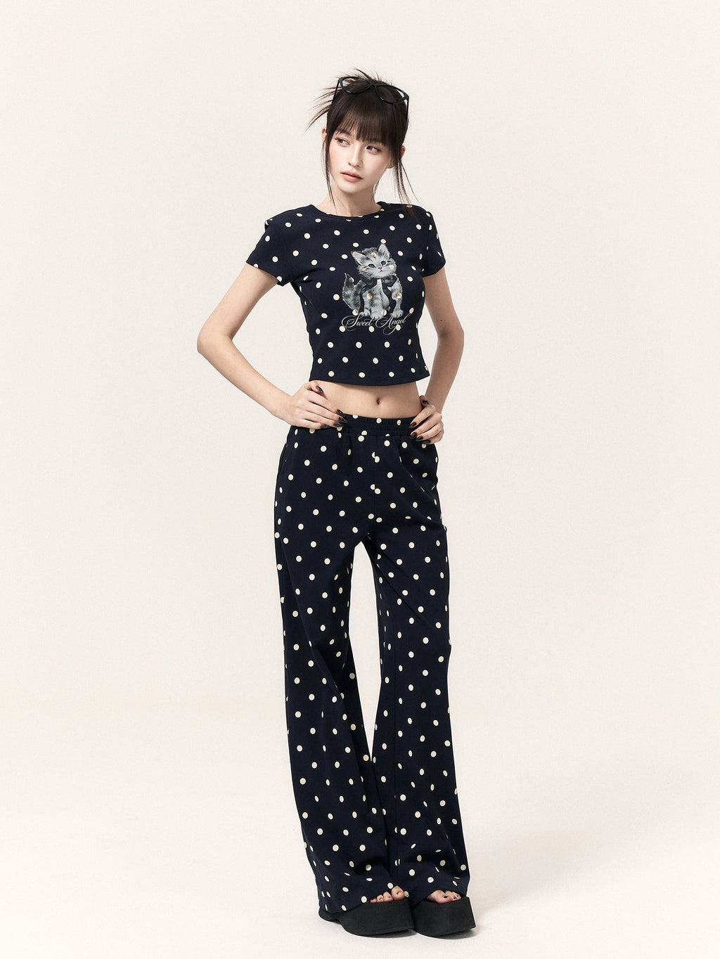 VOCK_Polka_Dot_Cat_Print_Crop_Tee_Skirt_Straight_Pants_Women's_Matching_Skirt_Sets_1063712261509_MISSTT
