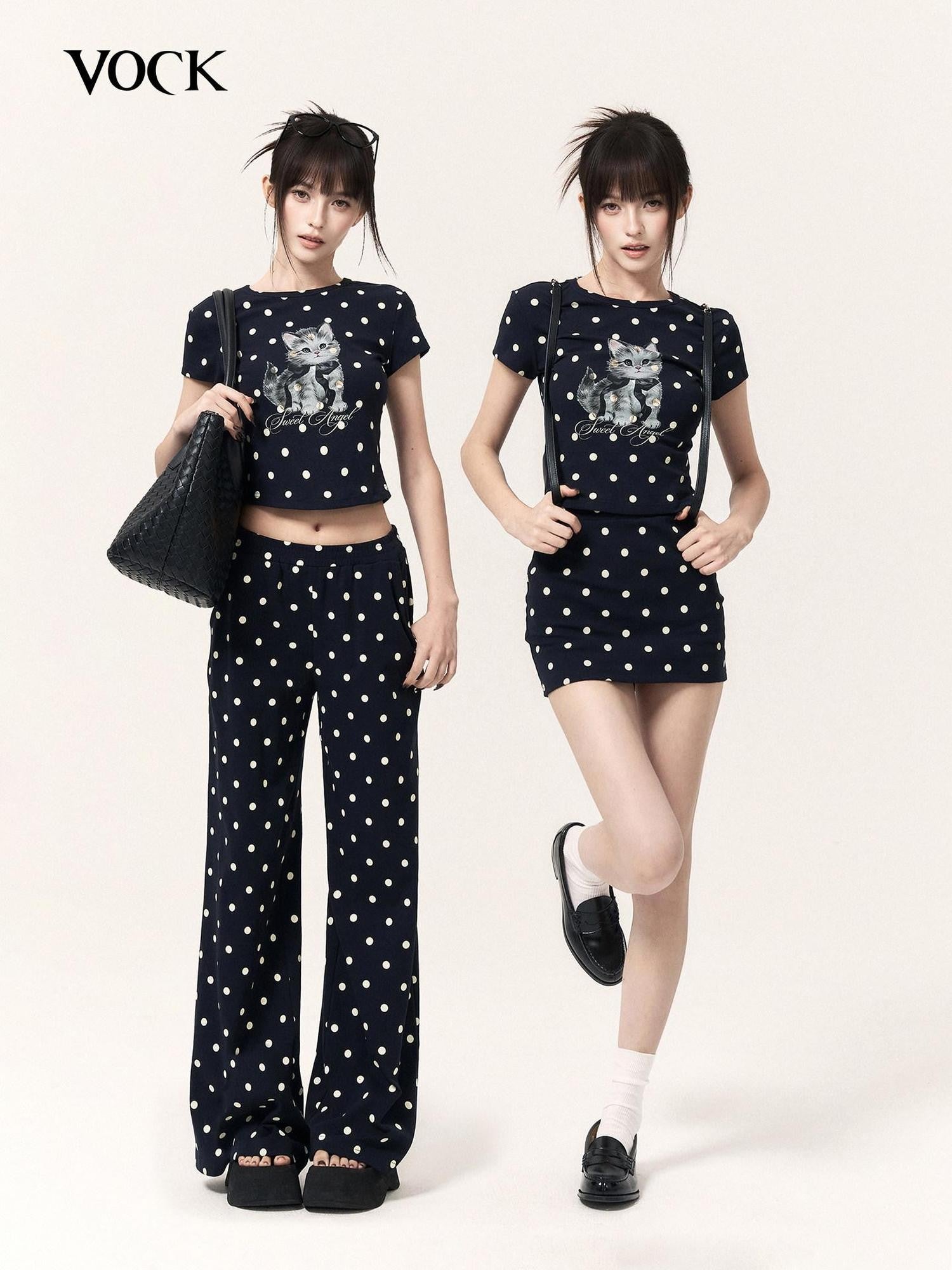 VOCK Polka Dot Cat Print Crop Tee Skirt Straight Pants Women's Matching Skirt Sets