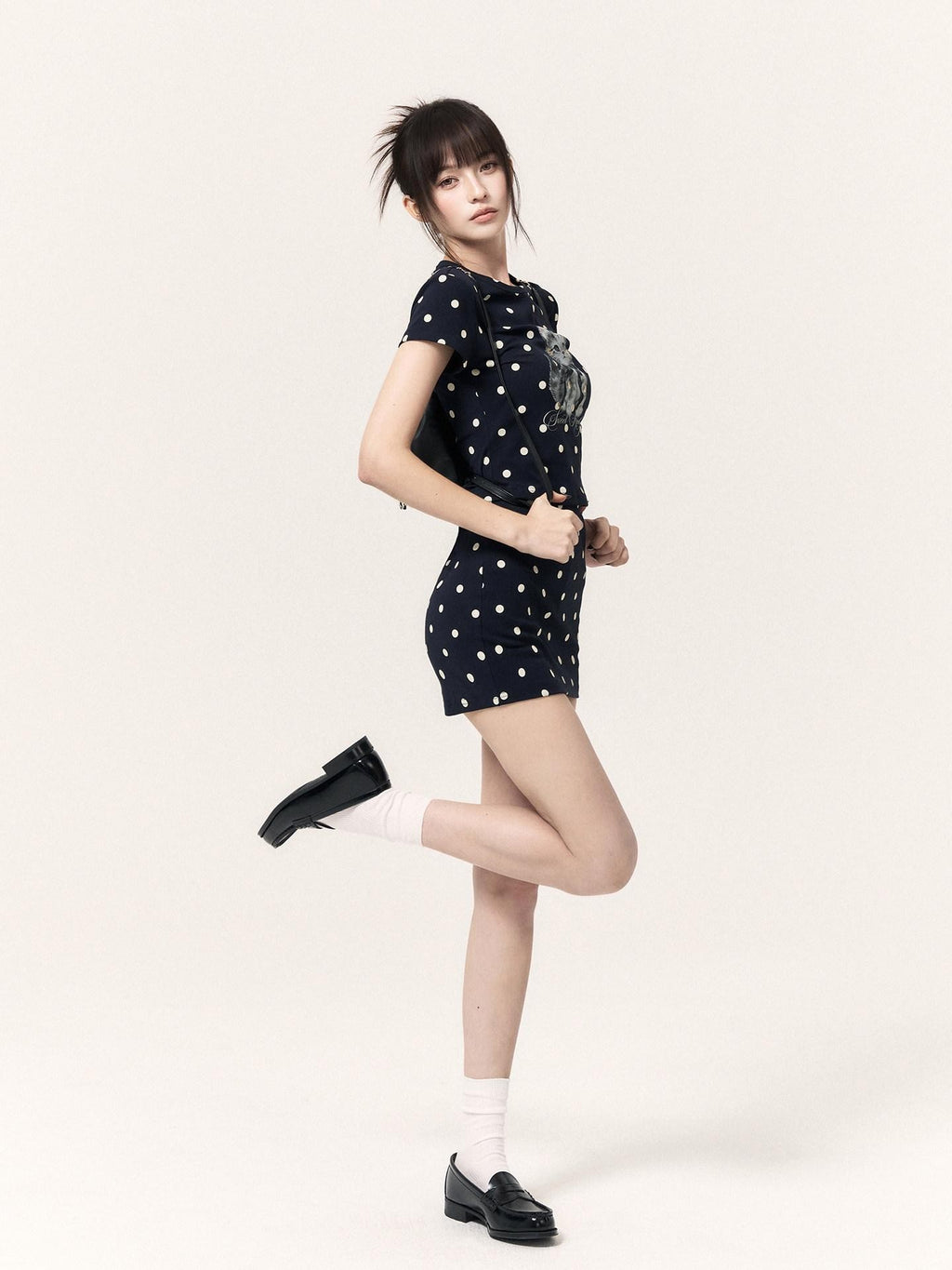 VOCK Polka Dot Cat Print Crop Tee Skirt Straight Pants Women's Matching Skirt Sets