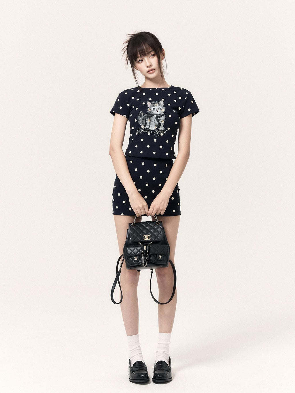 VOCK Polka Dot Cat Print Crop Tee Skirt Straight Pants Women's Matching Skirt Sets