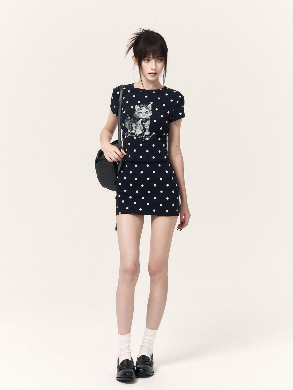 VOCK Polka Dot Cat Print Crop Tee Skirt Straight Pants Women's Matching Skirt Sets