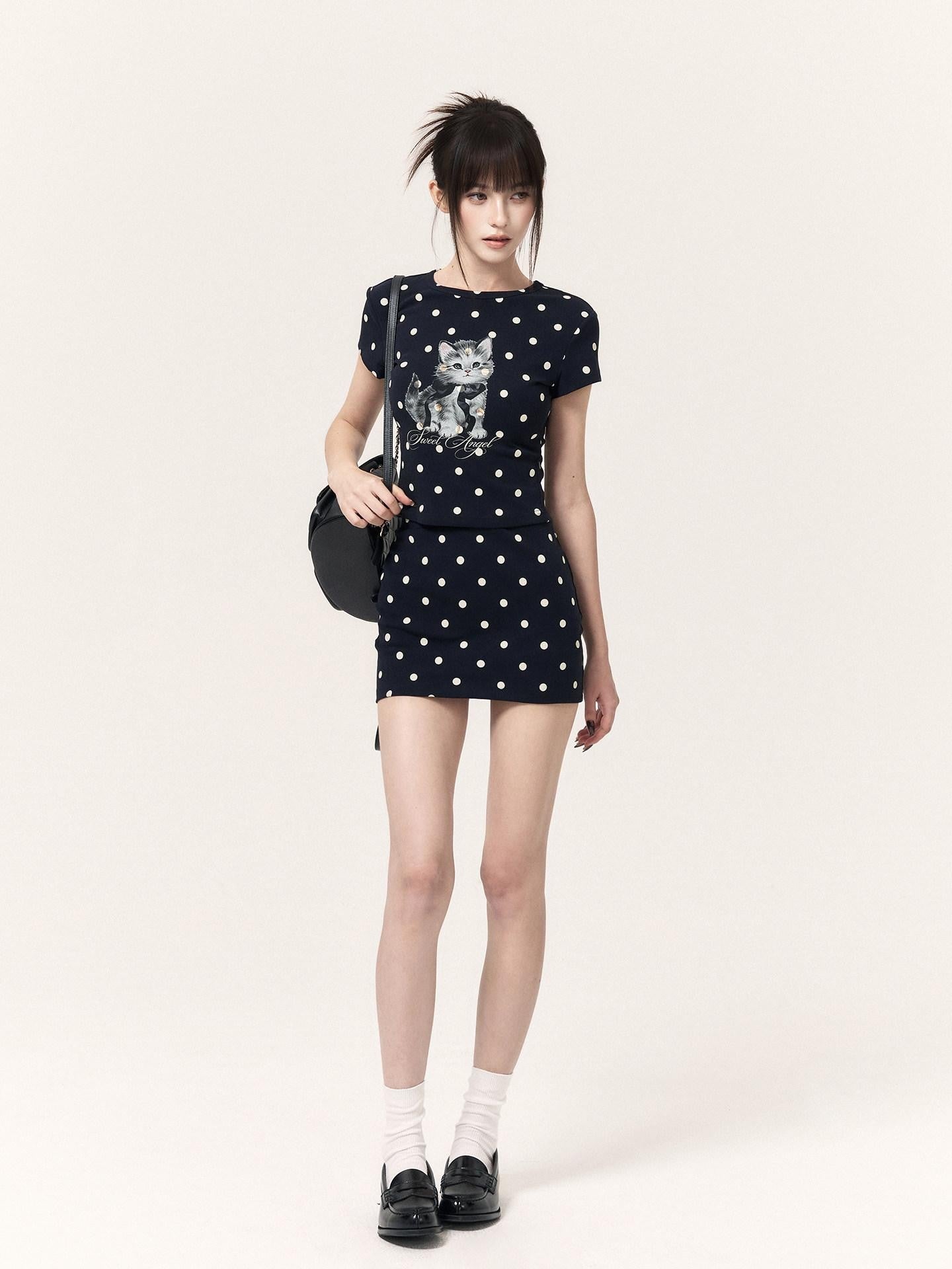 VOCK Polka Dot Cat Print Crop Tee Skirt Straight Pants Women's Matching Skirt Sets