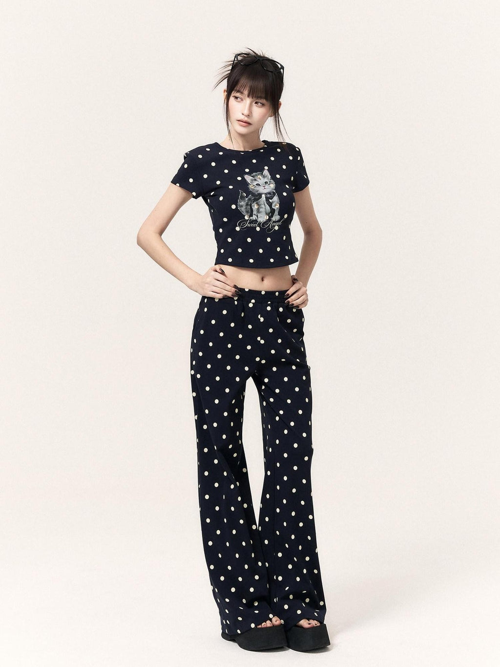 VOCK Polka Dot Cat Print Crop Tee Skirt Straight Pants Women's Matching Skirt Sets