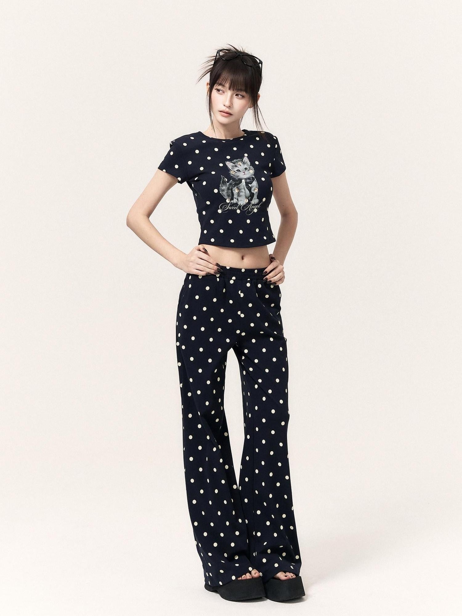 VOCK Polka Dot Cat Print Crop Tee Skirt Straight Pants Women's Matching Skirt Sets