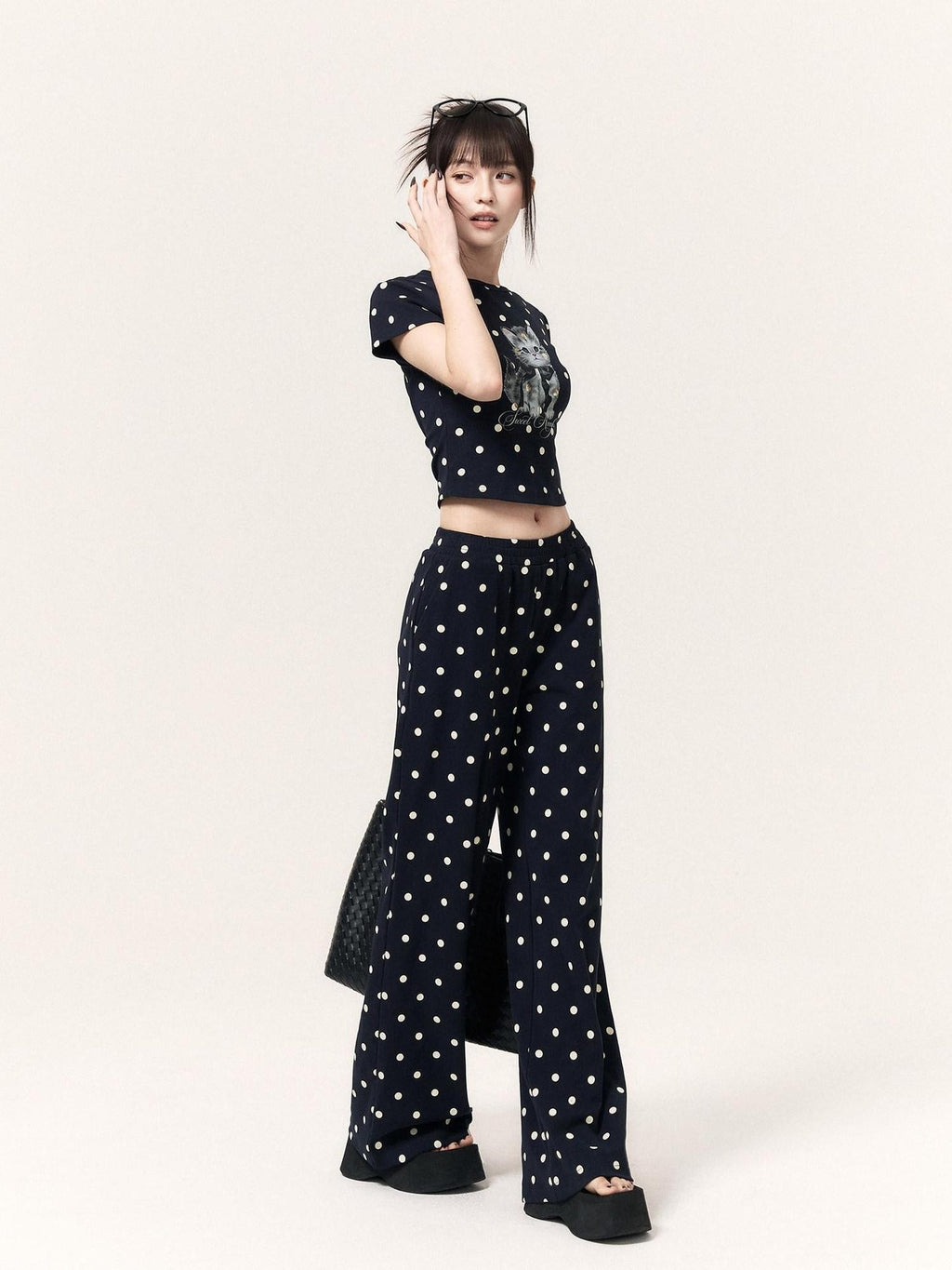 VOCK Polka Dot Cat Print Crop Tee Skirt Straight Pants Women's Matching Skirt Sets