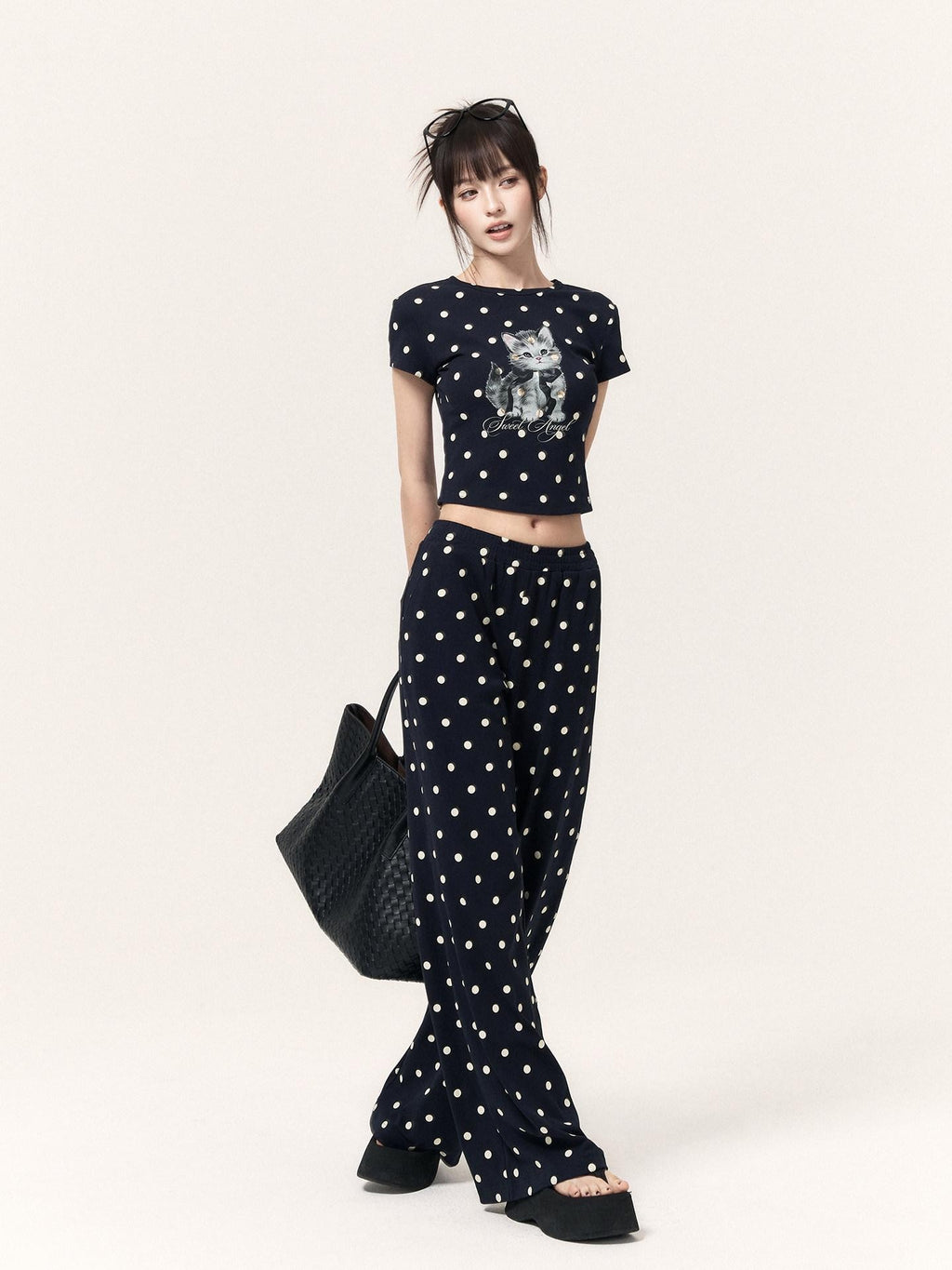 VOCK Polka Dot Cat Print Crop Tee Skirt Straight Pants Women's Matching Skirt Sets