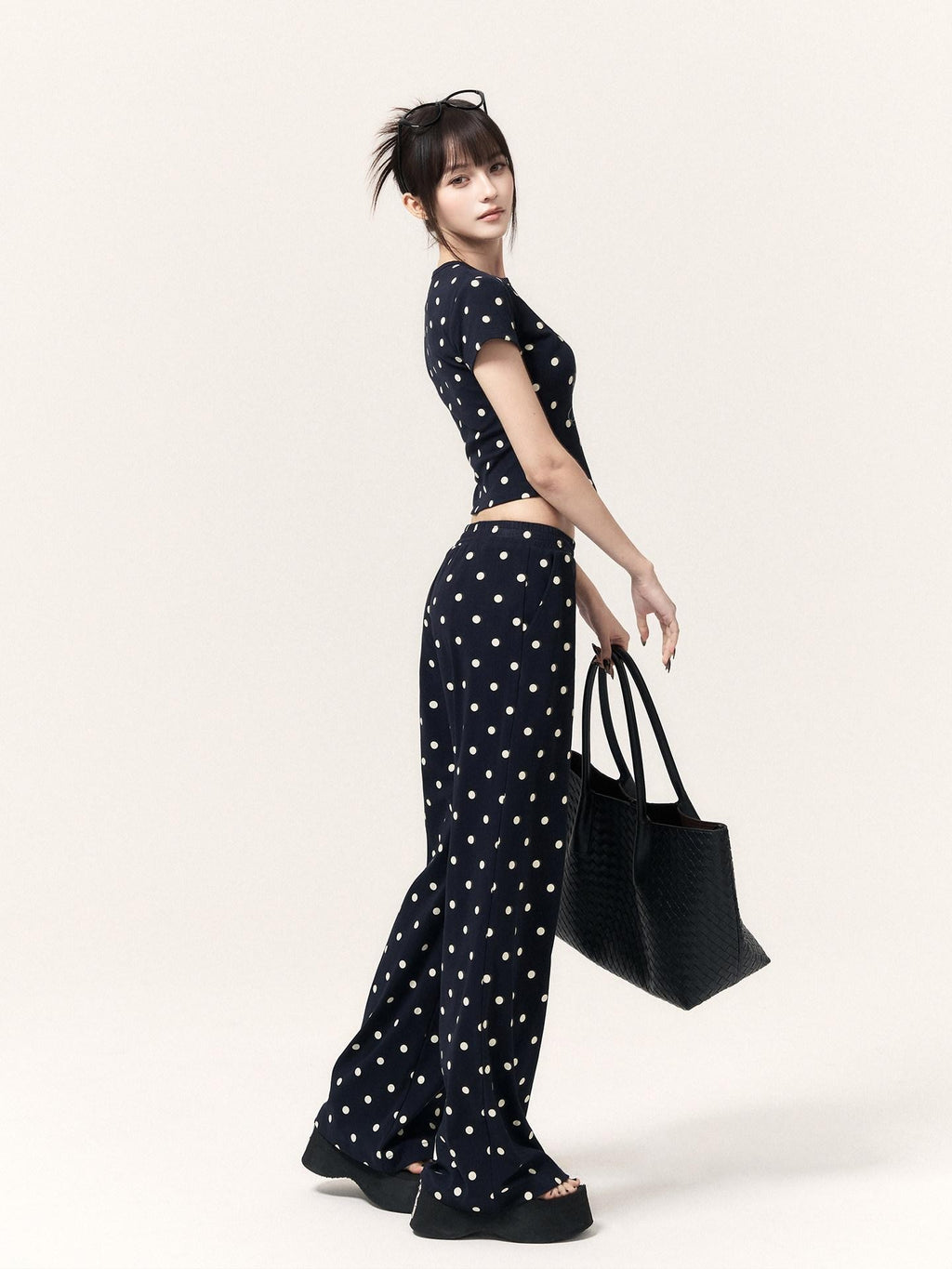 VOCK Polka Dot Cat Print Crop Tee Skirt Straight Pants Women's Matching Skirt Sets