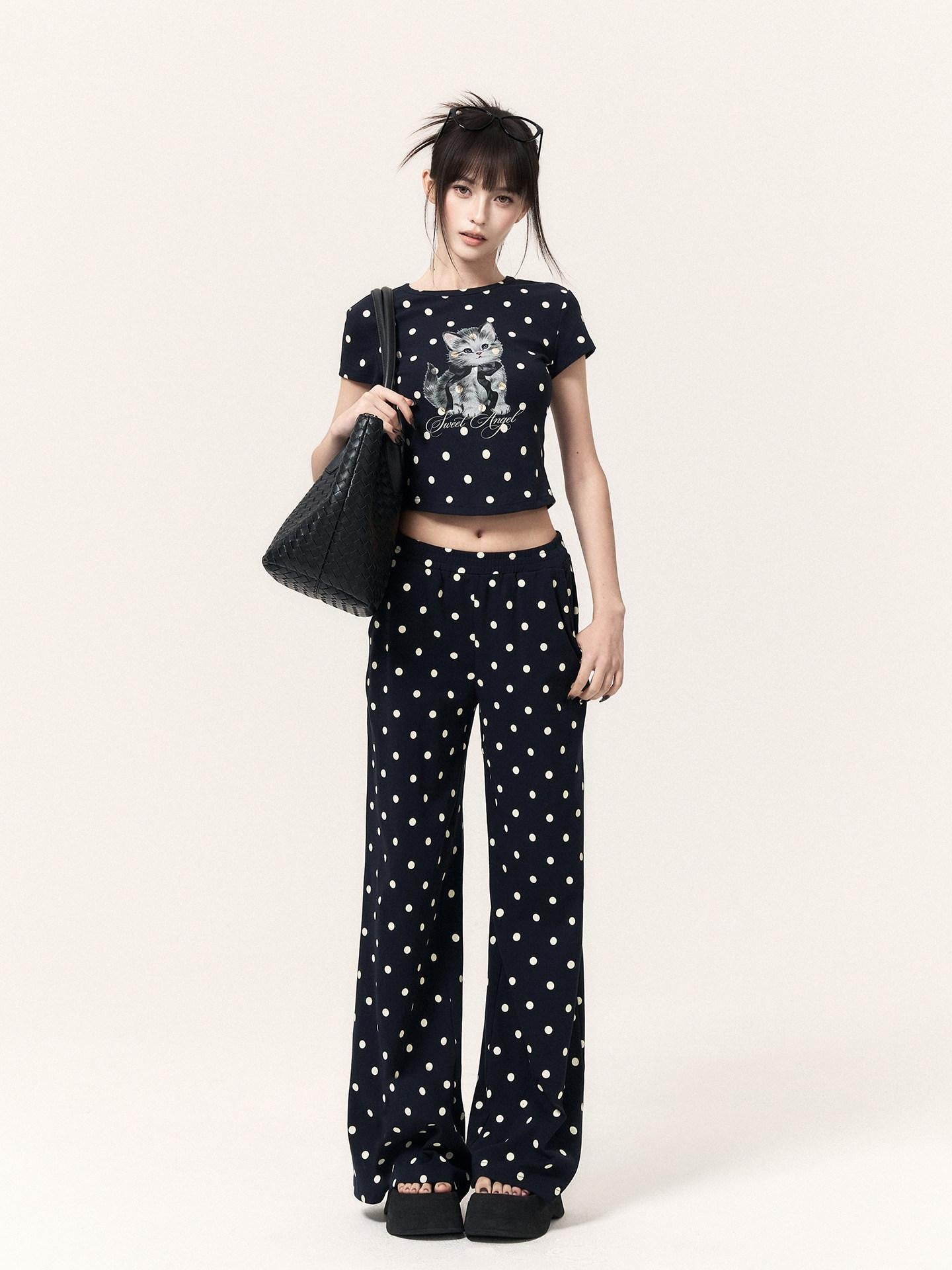 VOCK Polka Dot Cat Print Crop Tee Skirt Straight Pants Women's Matching Skirt Sets