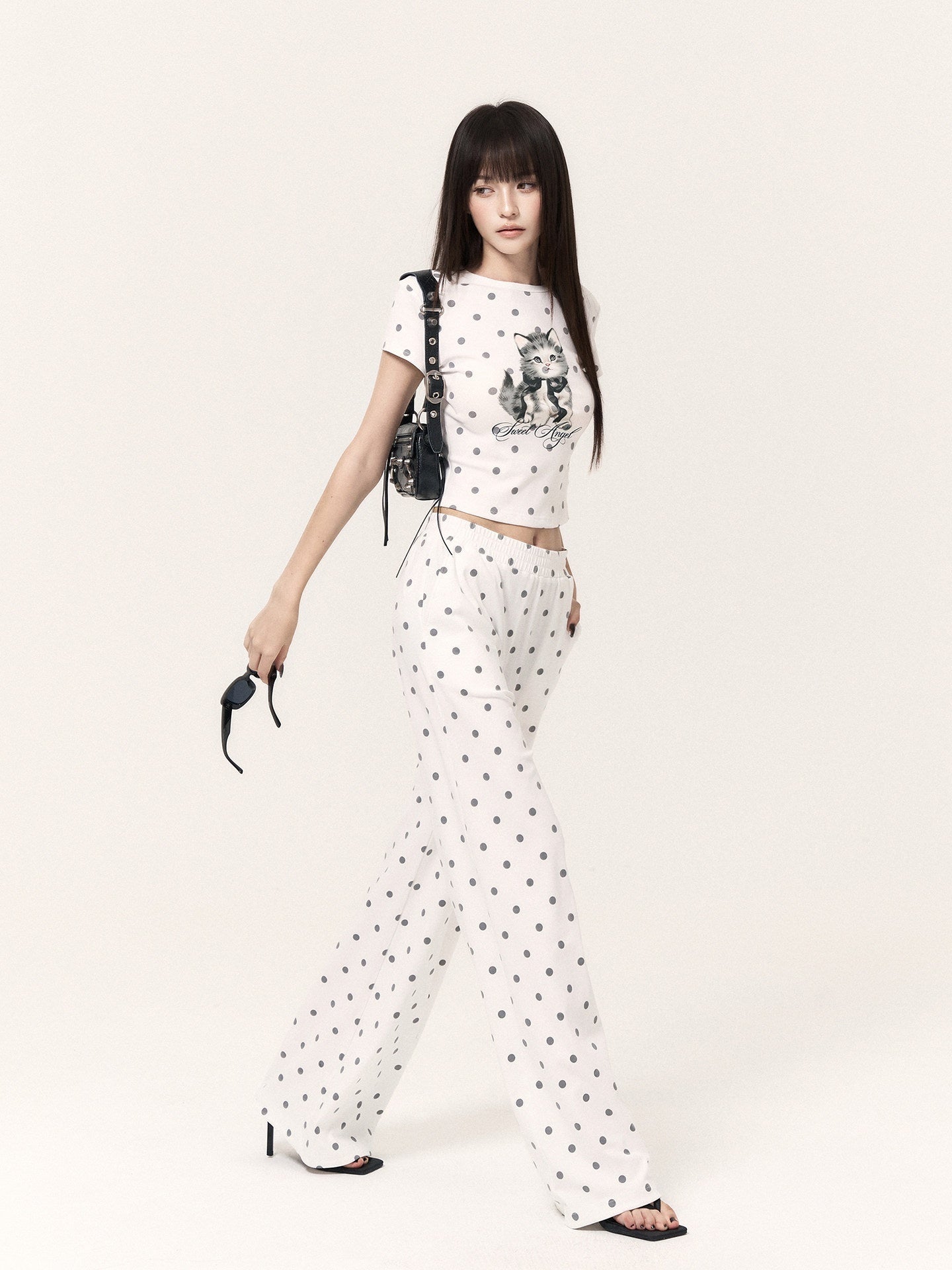 VOCK_Polka_Dot_Cat_Print_Short_Sleeve_Round_Neck_Women's_Matching_Skirt_Sets_1064657824139_MISSTT