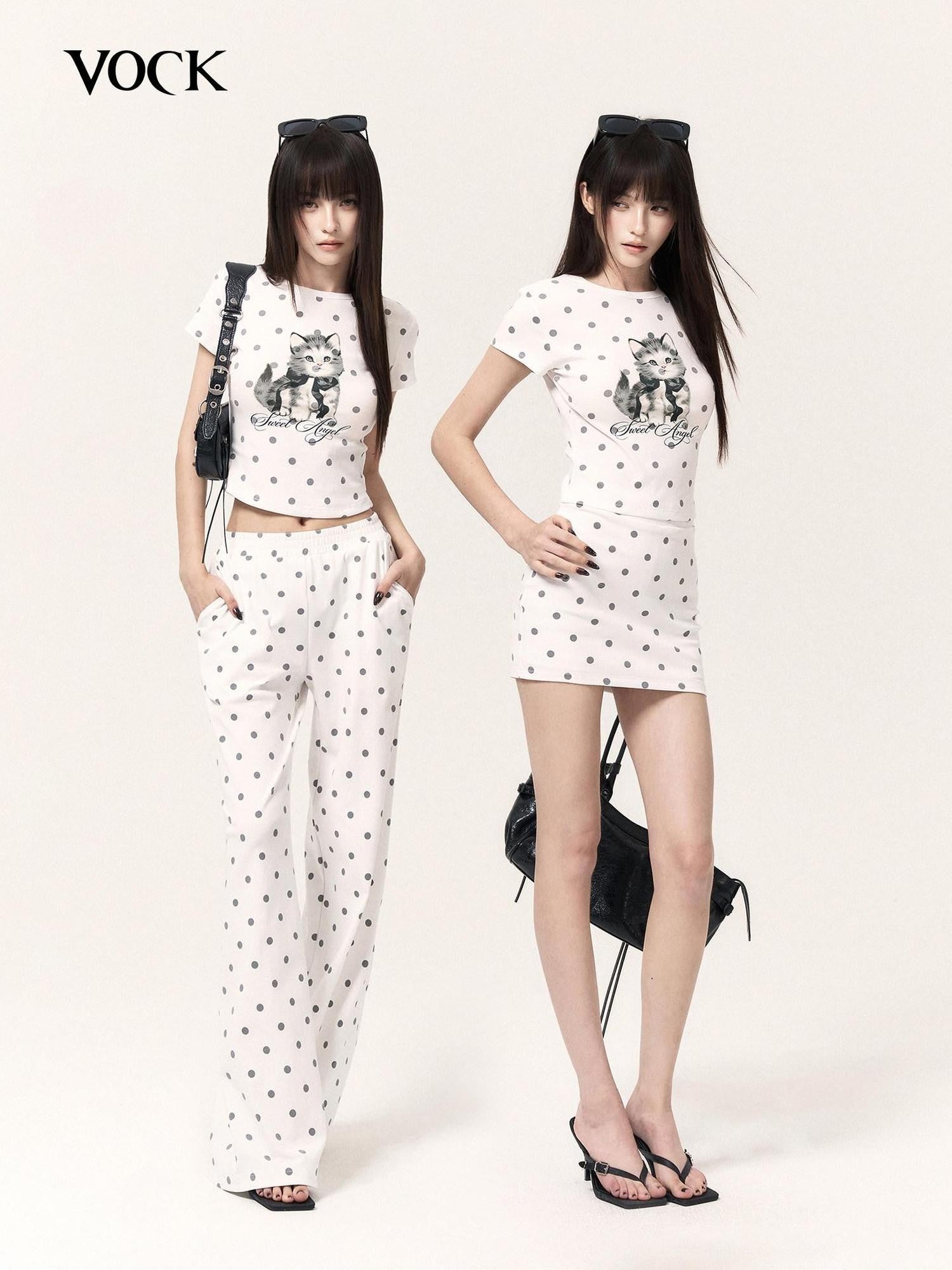VOCK Polka Dot Cat Print Short Sleeve Round Neck Women's Matching Skirt Sets