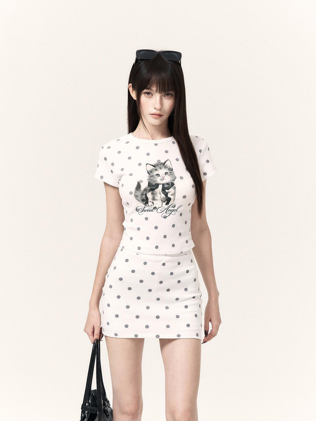 VOCK Polka Dot Cat Print Short Sleeve Round Neck Women's Matching Skirt Sets