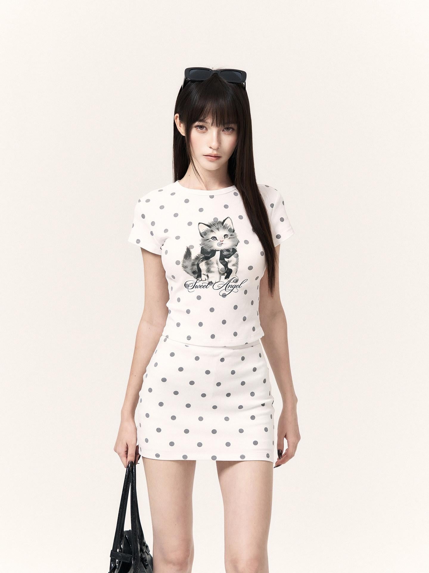 VOCK Polka Dot Cat Print Short Sleeve Round Neck Women's Matching Skirt Sets