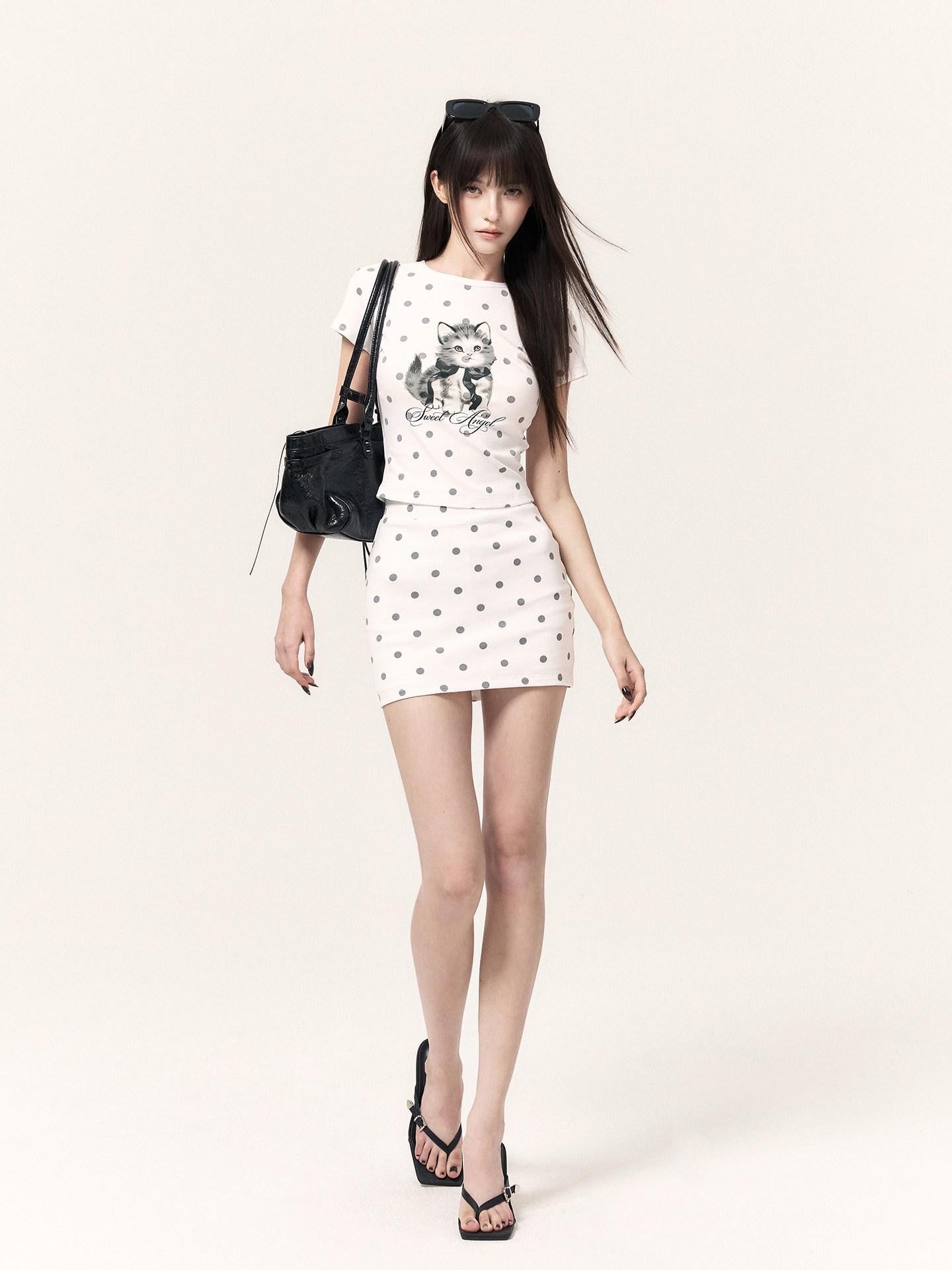 VOCK Polka Dot Cat Print Short Sleeve Round Neck Women's Matching Skirt Sets