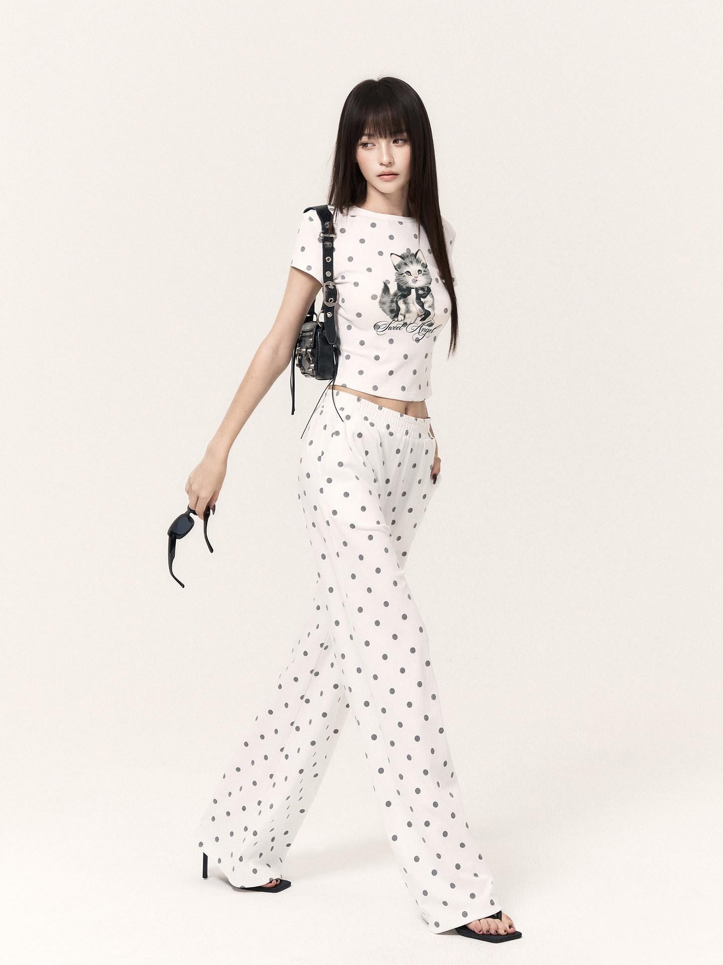 VOCK Polka Dot Cat Print Short Sleeve Round Neck Women's Matching Skirt Sets