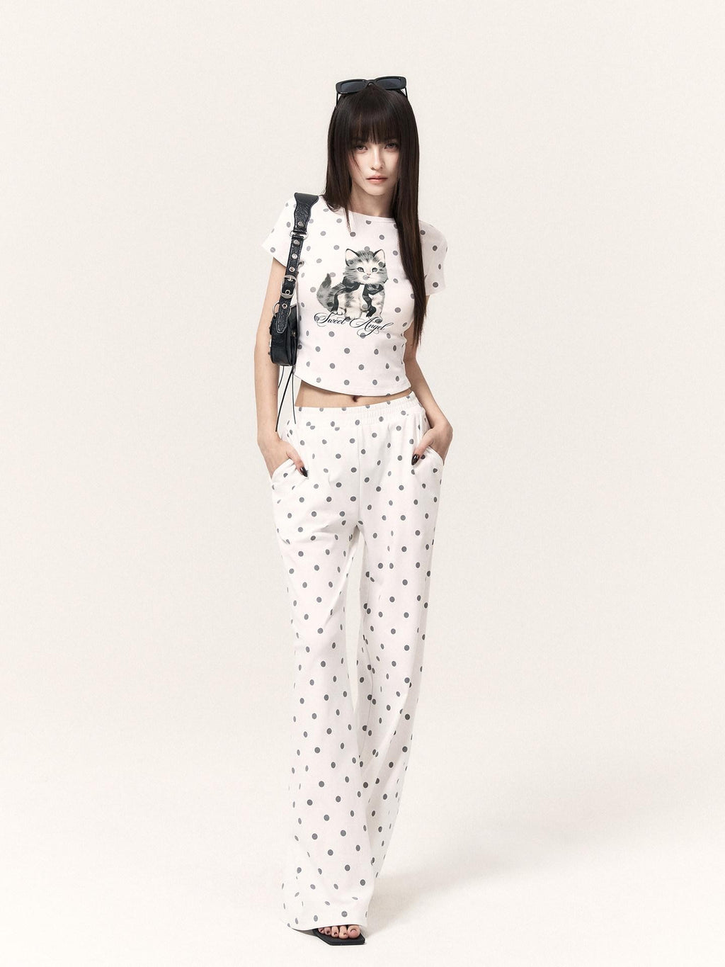 VOCK Polka Dot Cat Print Short Sleeve Round Neck Women's Matching Skirt Sets