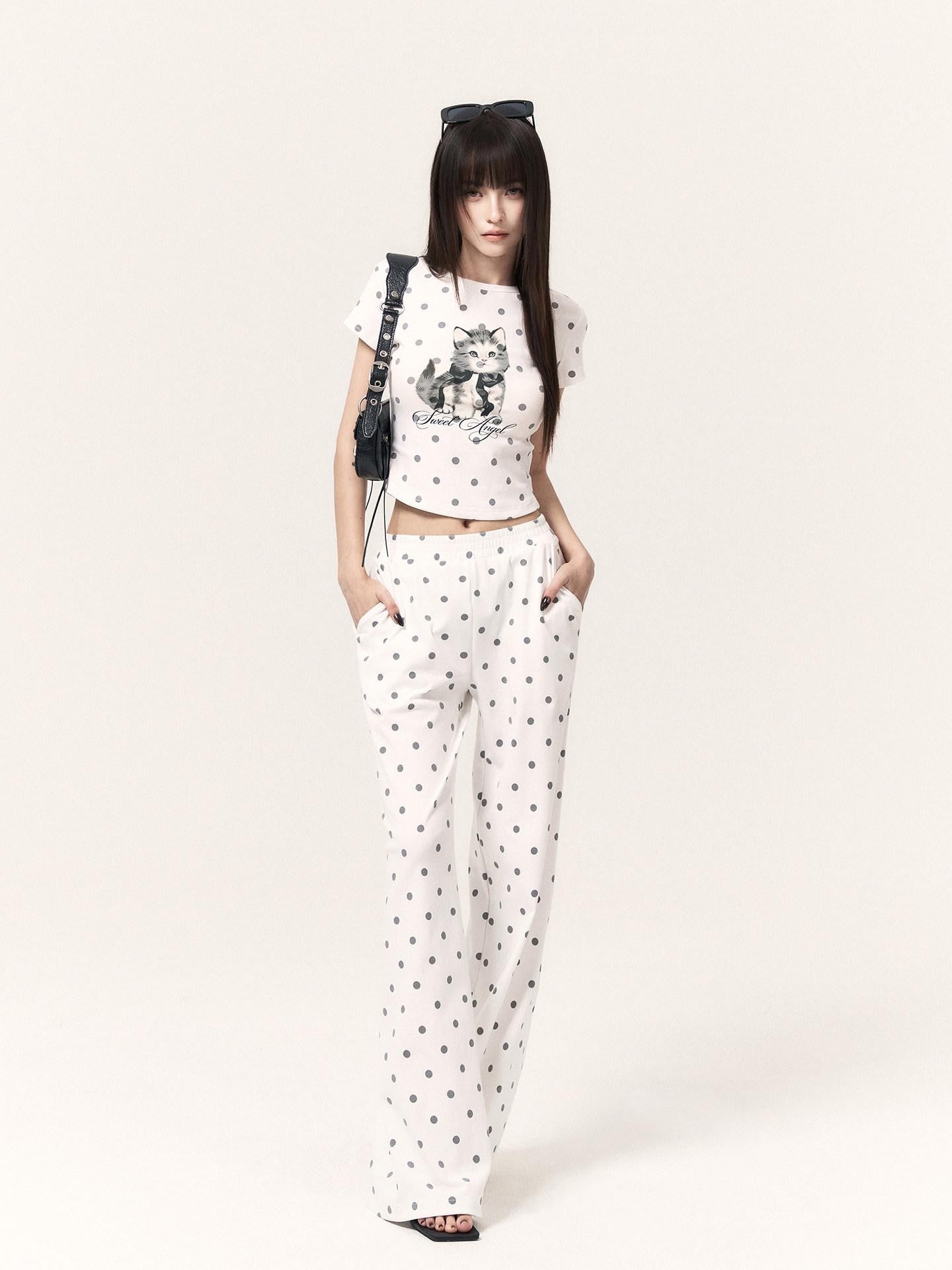 VOCK Polka Dot Cat Print Short Sleeve Round Neck Women's Matching Skirt Sets