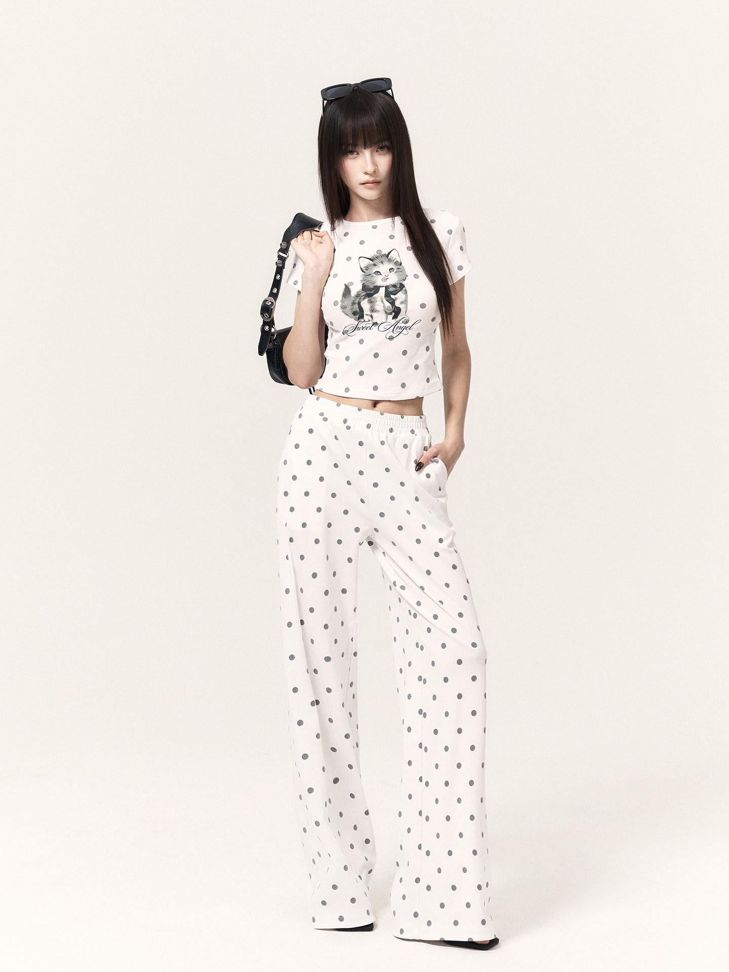 VOCK Polka Dot Cat Print Short Sleeve Round Neck Women's Matching Skirt Sets