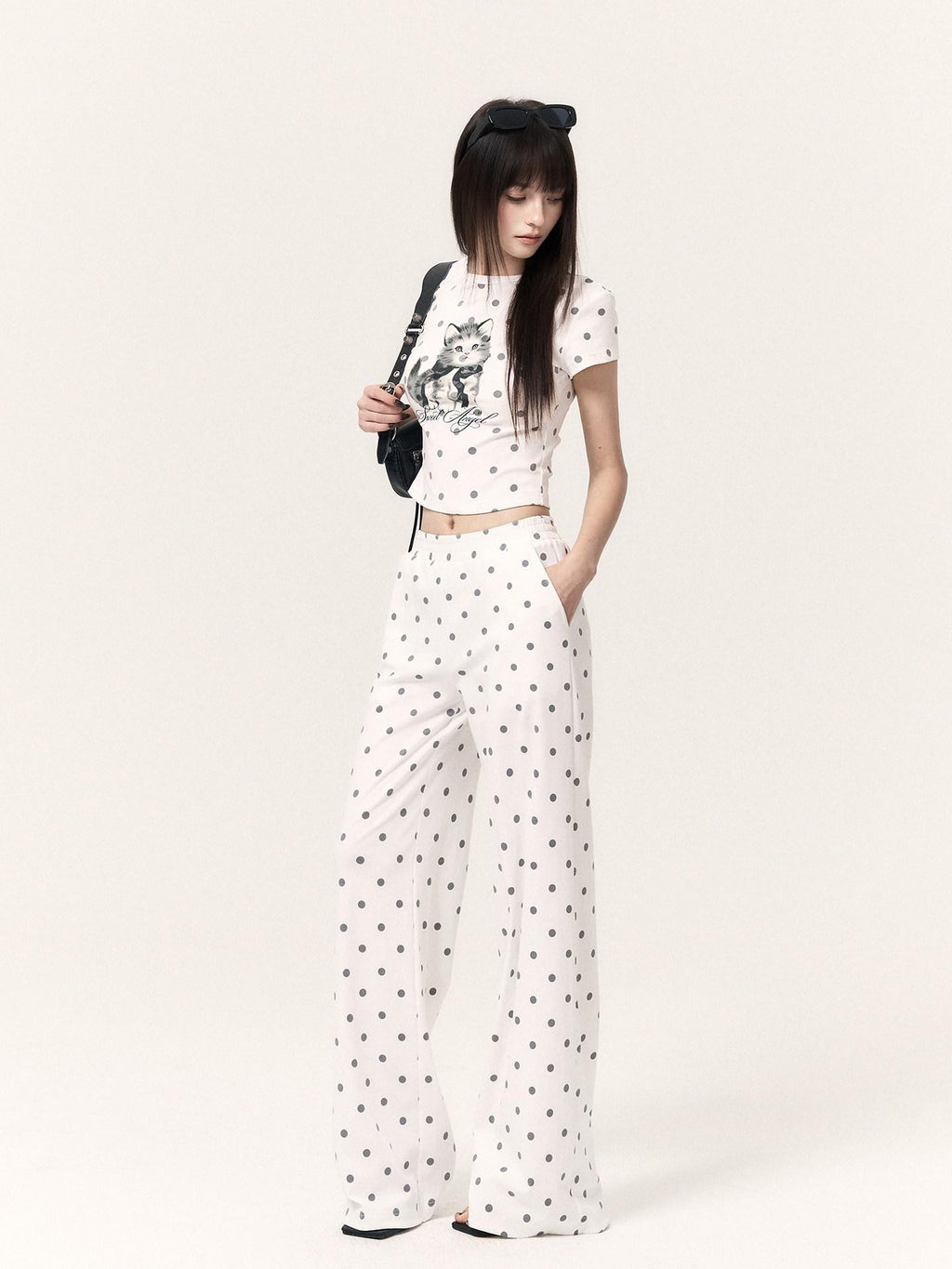 VOCK Polka Dot Cat Print Short Sleeve Round Neck Women's Matching Skirt Sets